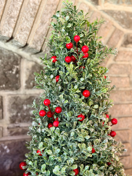 18" RED BERRY/FROSTED BOXWOOD CONE TREE