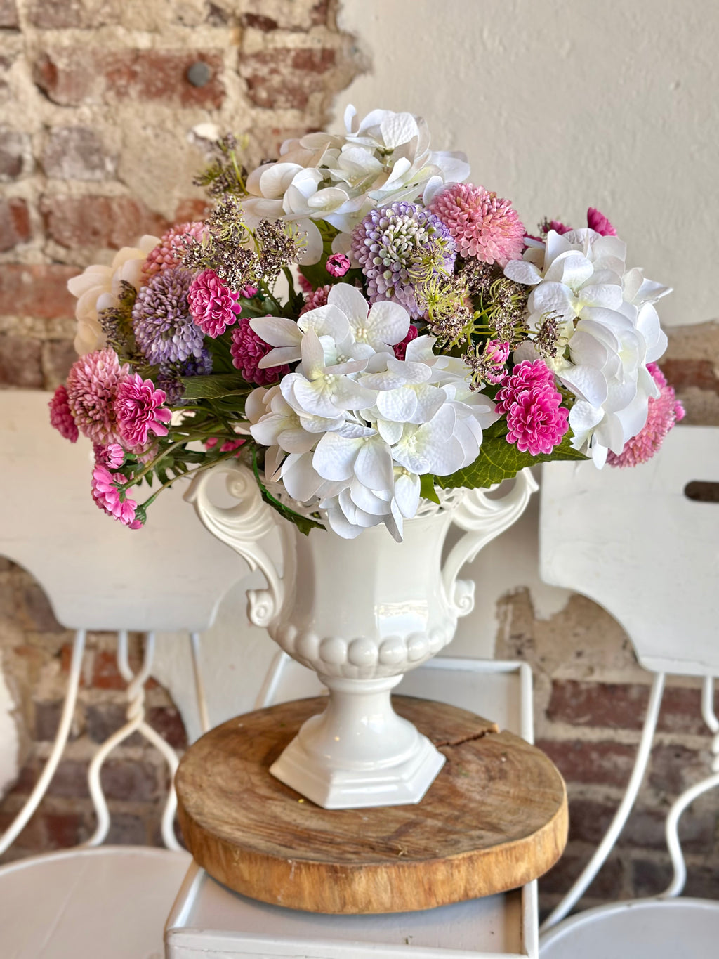 White Hydrangea & Pink/Purple Scabiosa in White Handle Vase