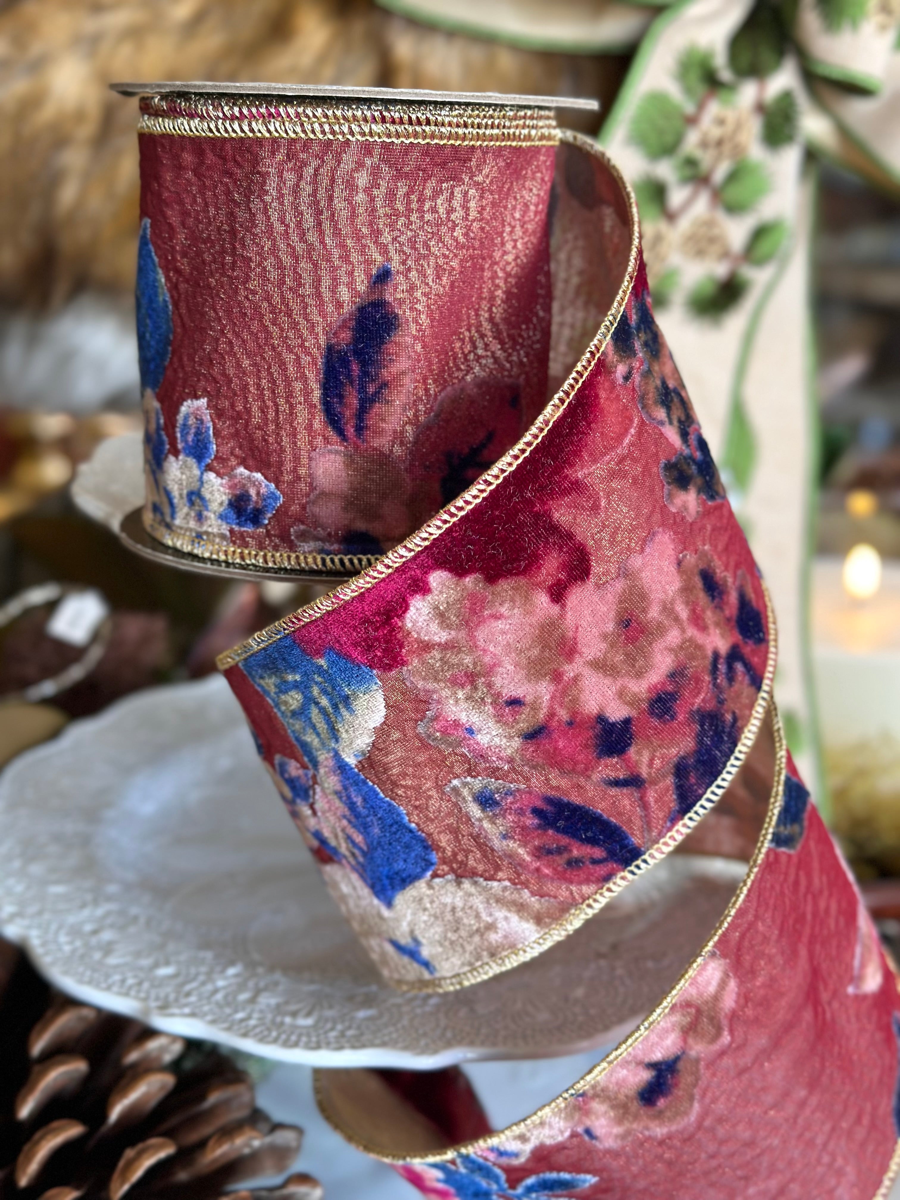 4” x 10yards Dark Pink with a touch of Blue Velvet Floral Ribbon