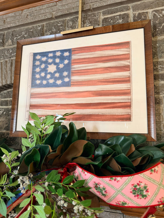 Vintage Watercolor American Flag On A Distressed Background- Framed Print