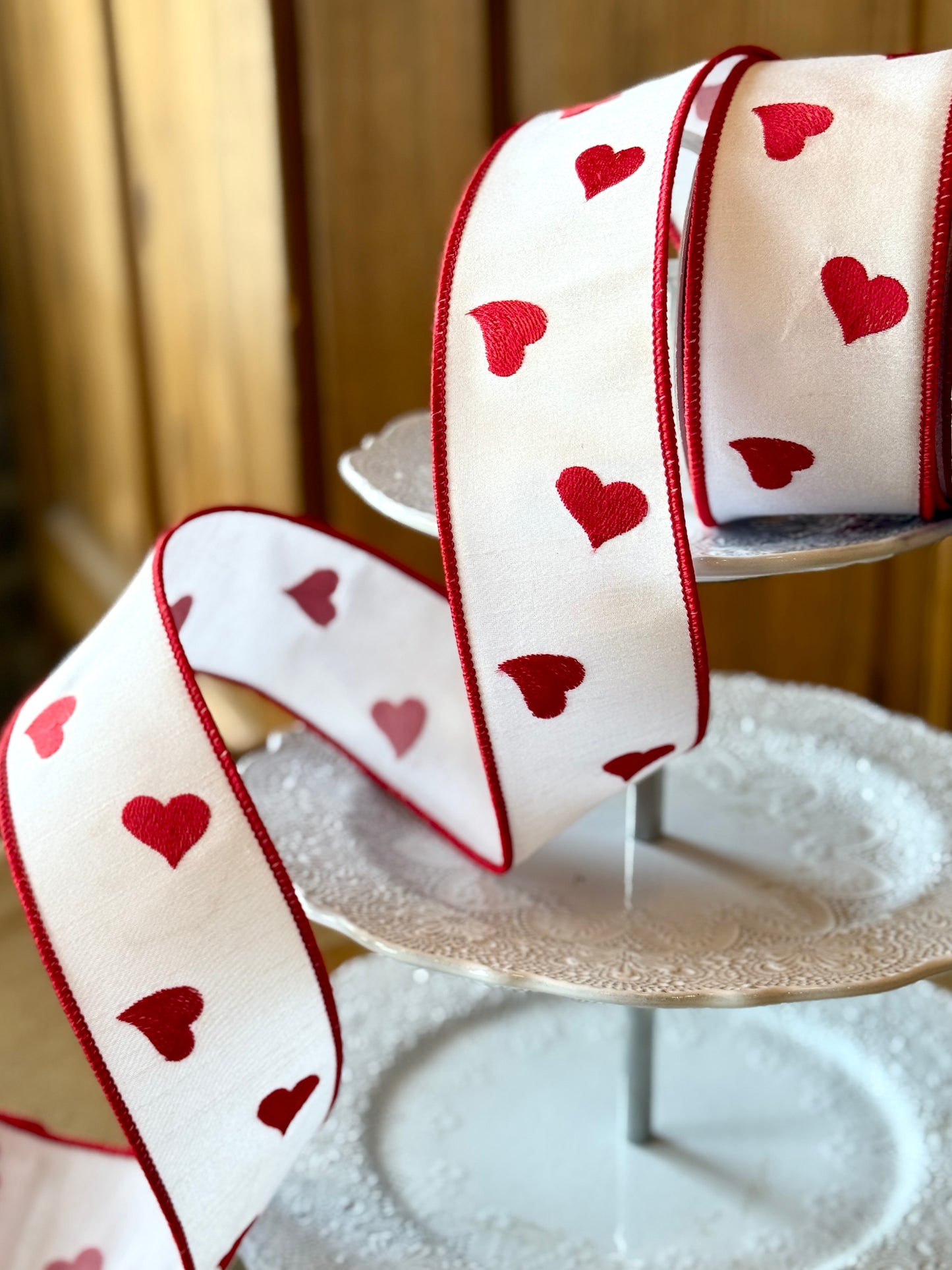 2.5" Wide Red Heart Embroidery Ribbon