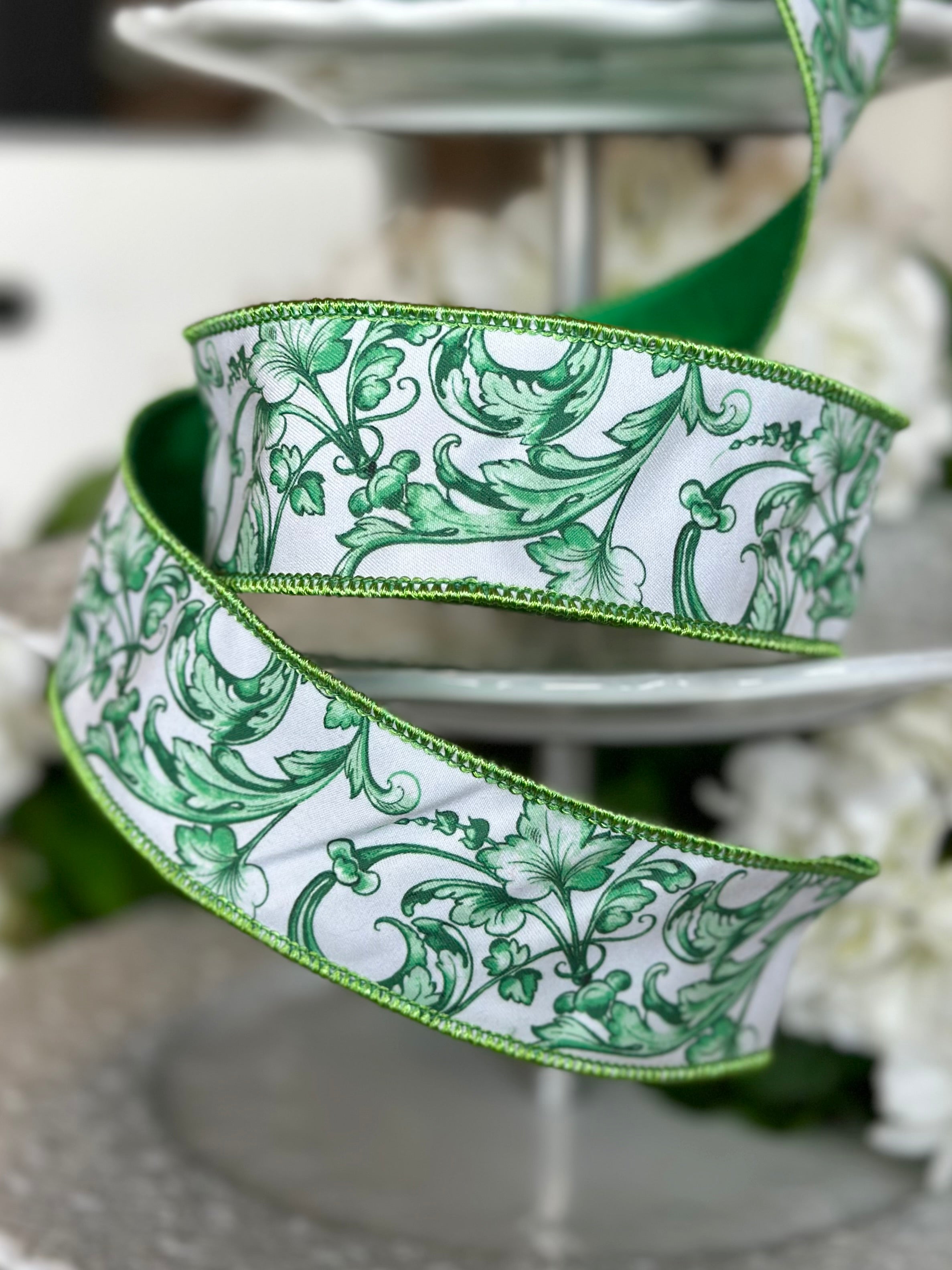 1.5" wide, taffeta acanthus scroll chinoiserie, green white