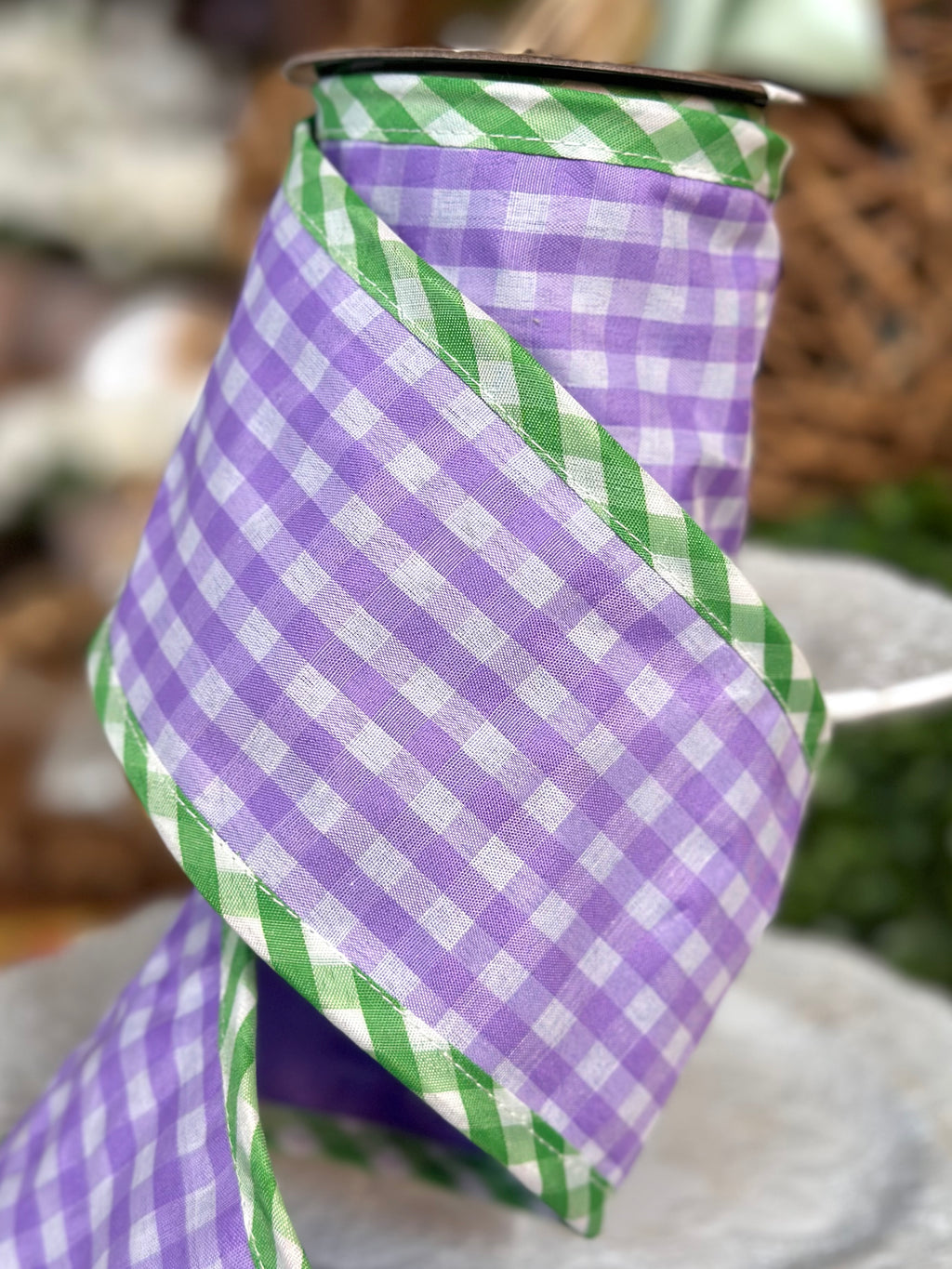 4" Spring Gingham w/Border Ribbon - Lavender Green