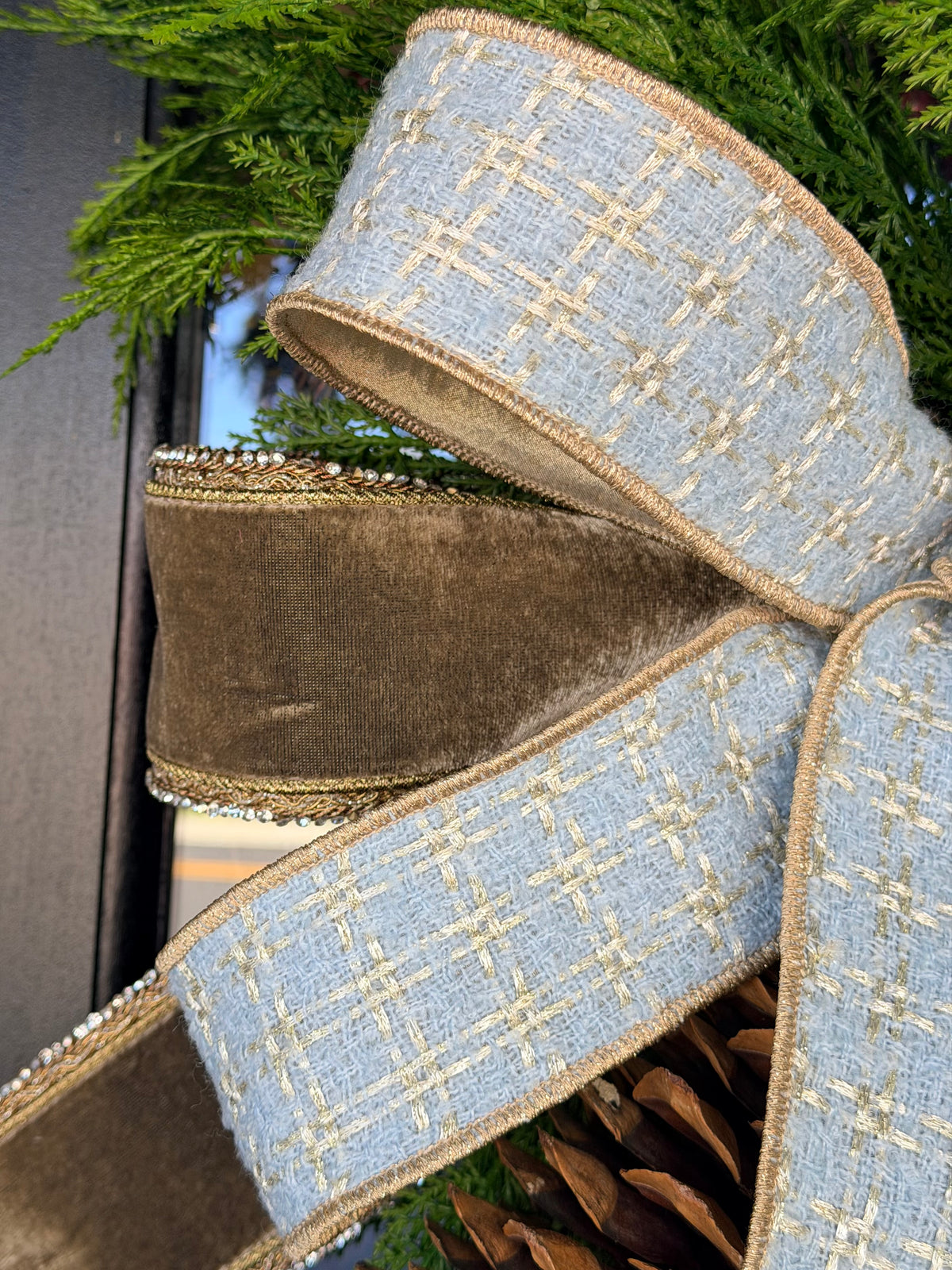 Dusty Blue Tweed Bow & Swag