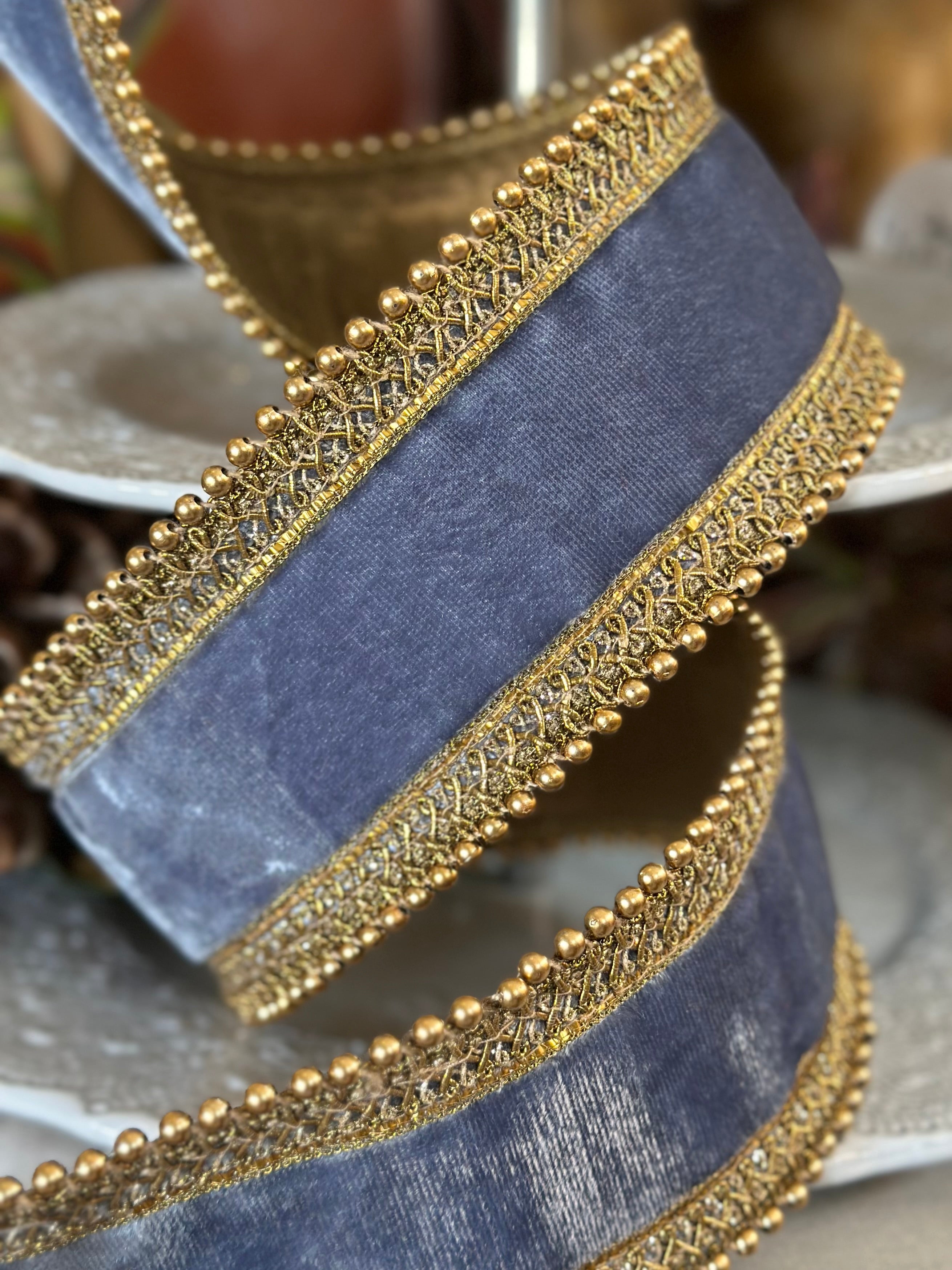 2.5” x 5Yards Dusty Blue Velvet with Gold Bead Details