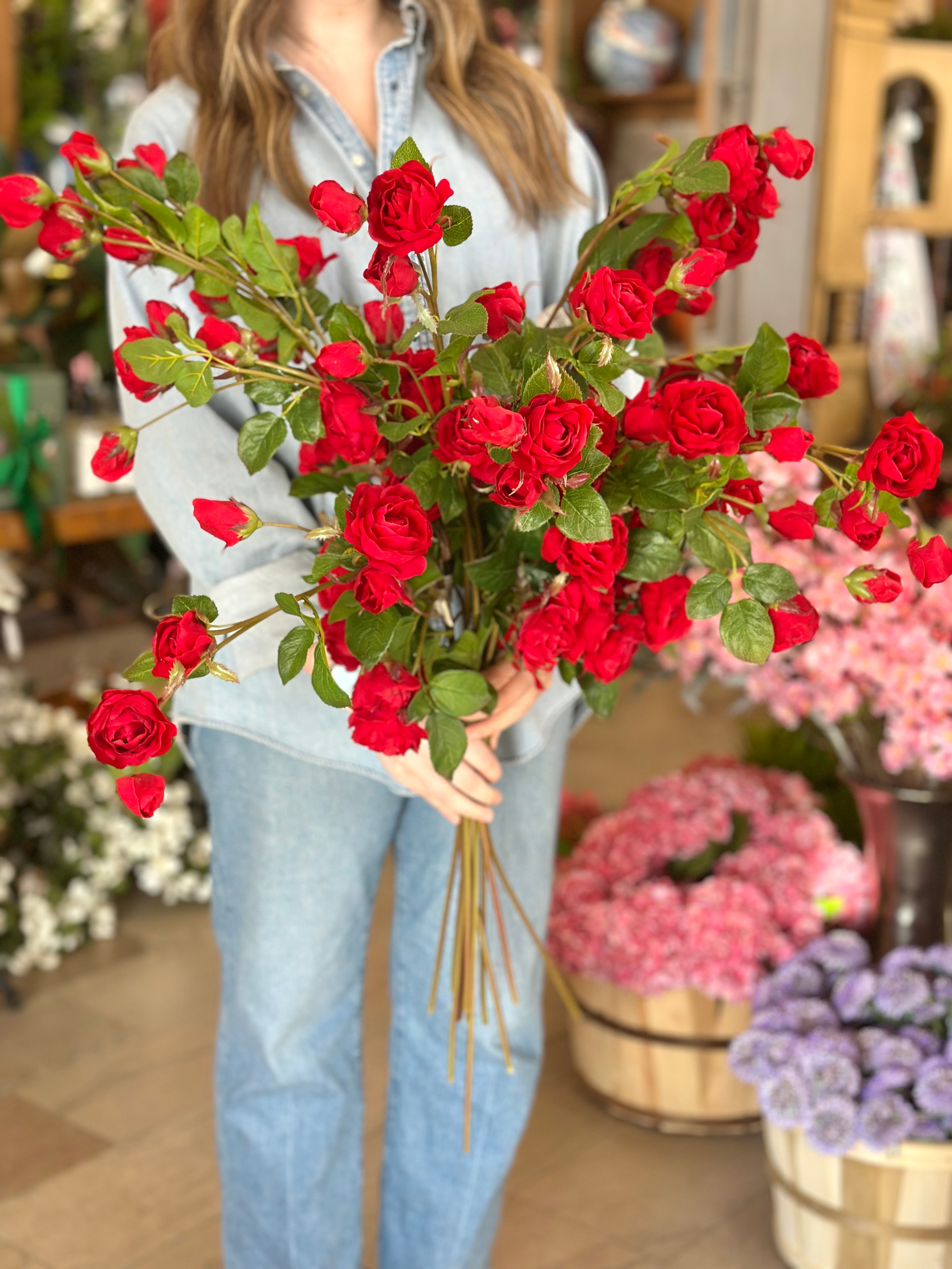 37" Just Cut Garden Rose Branch- Red