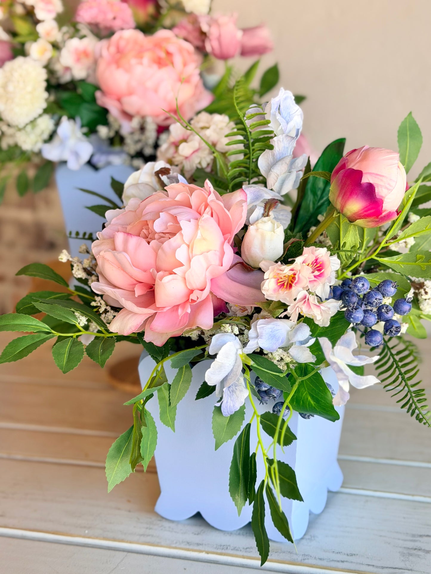Blue Scalloped Mixed Blooms Arrangement- Medium