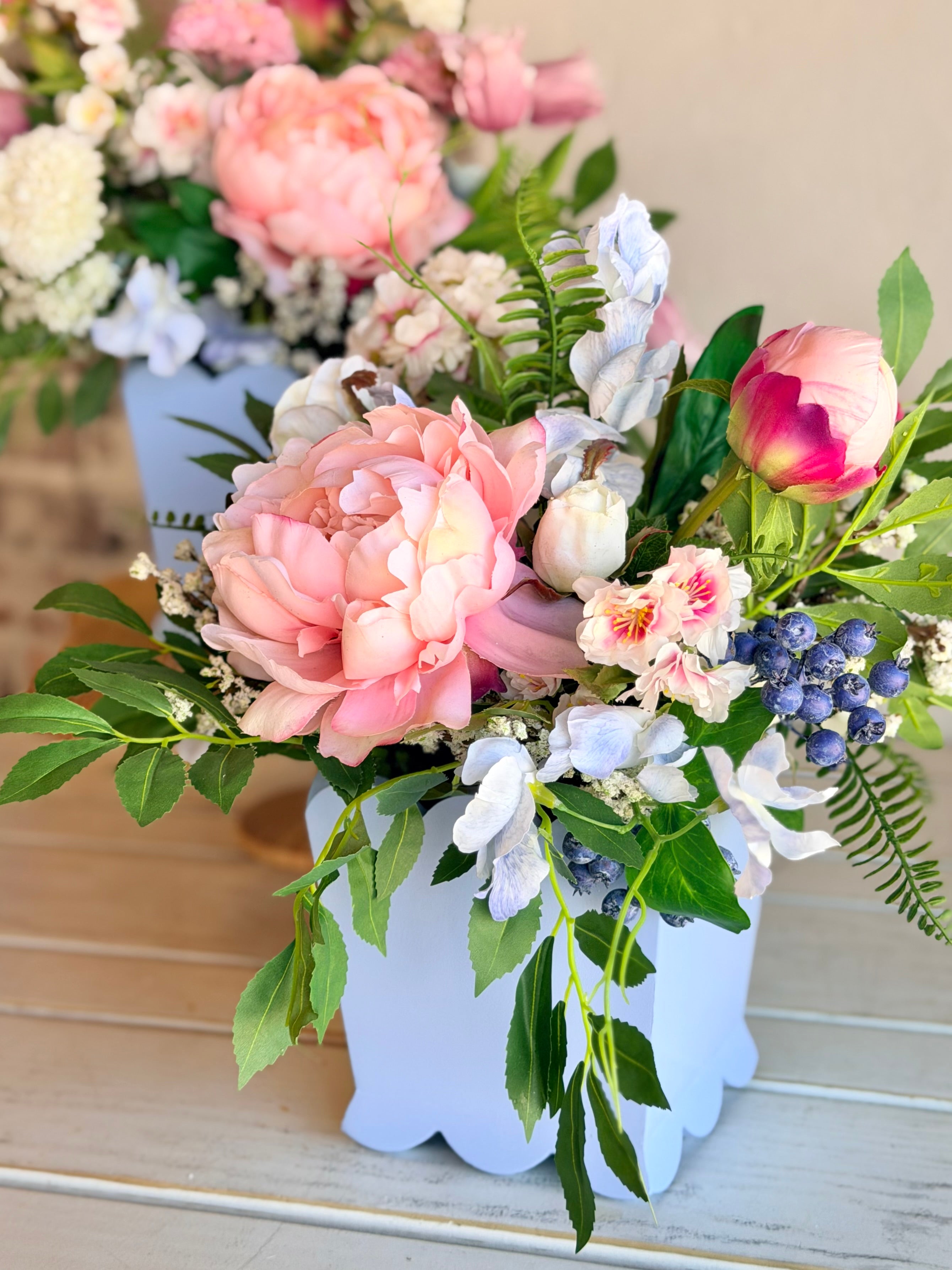 Blue Scalloped Mixed Blooms Arrangement- Medium
