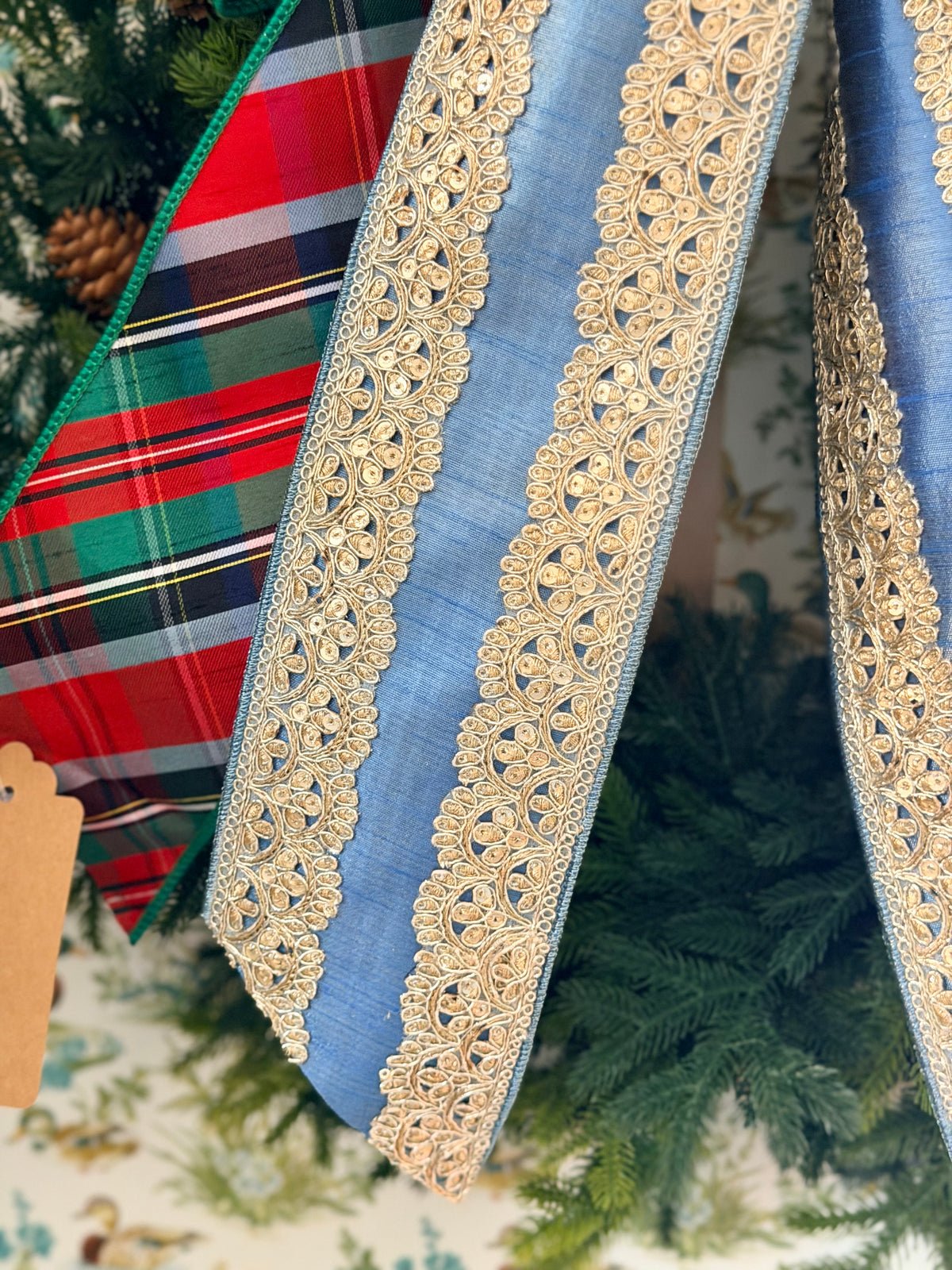 Plaid & Gold Lace Winter Bow