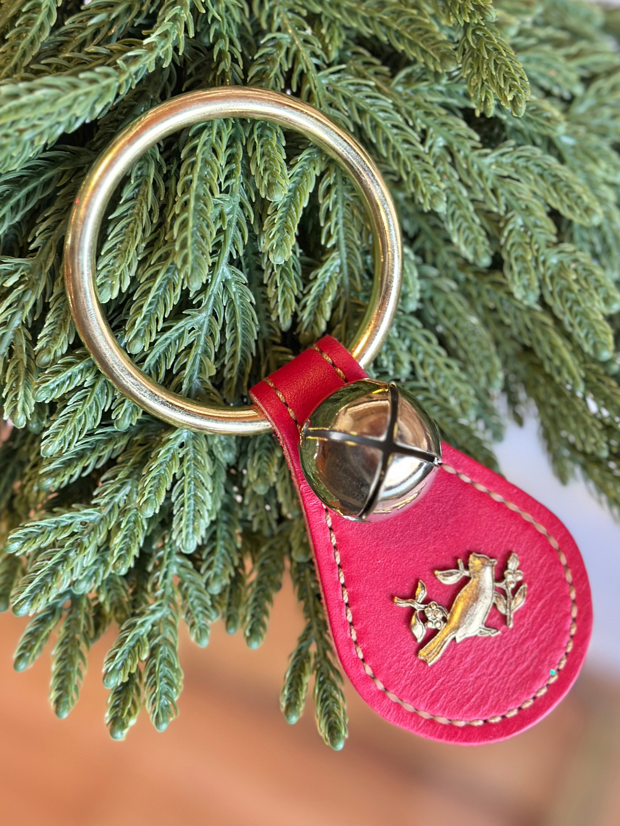Cardinal with Single Brass Bell on Ring- Red Leather