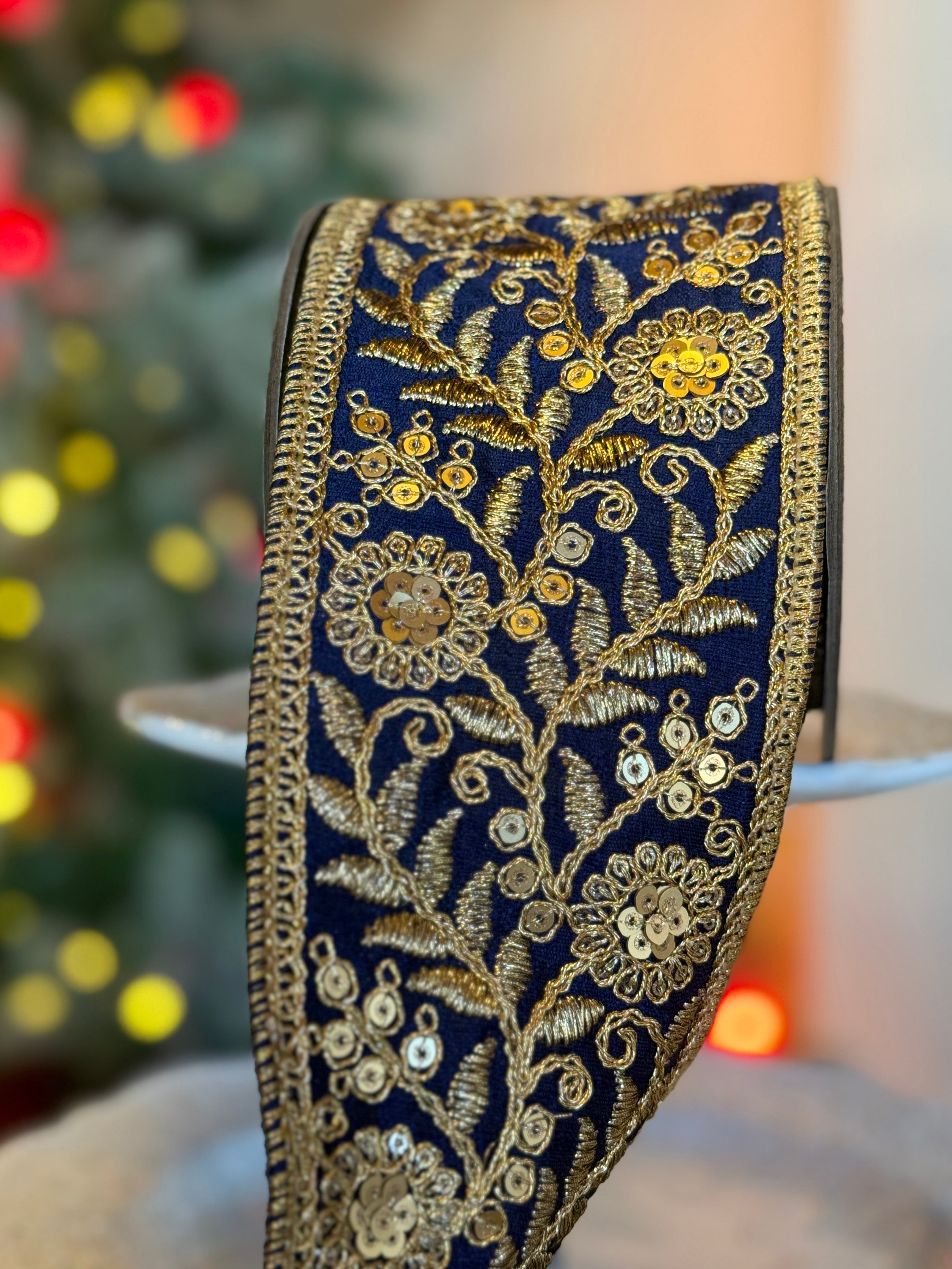 3" Dupion Floral Garden Trim, Navy