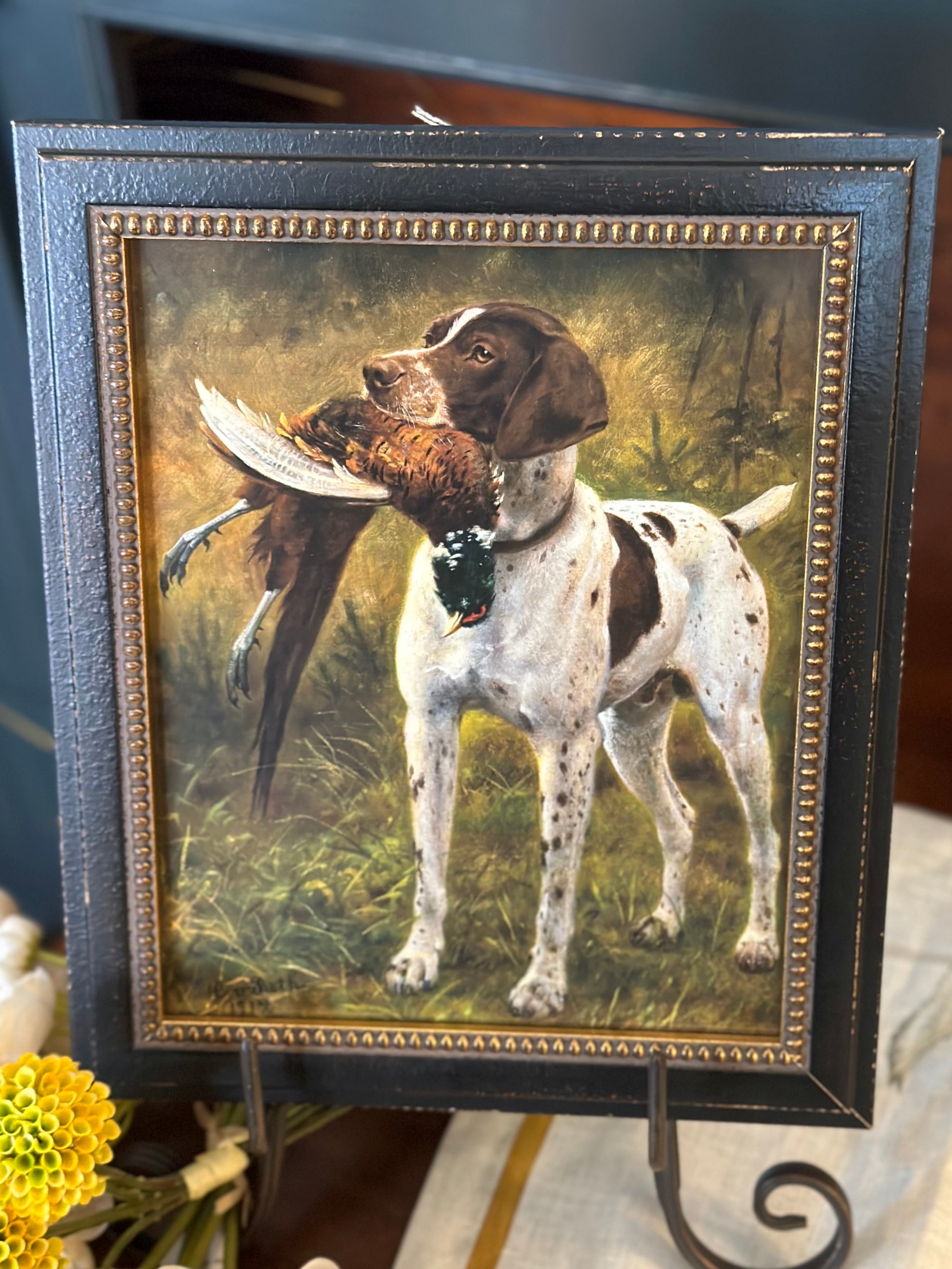 Framed Vintage Dog with Pheasant Oil Painting Reproduction