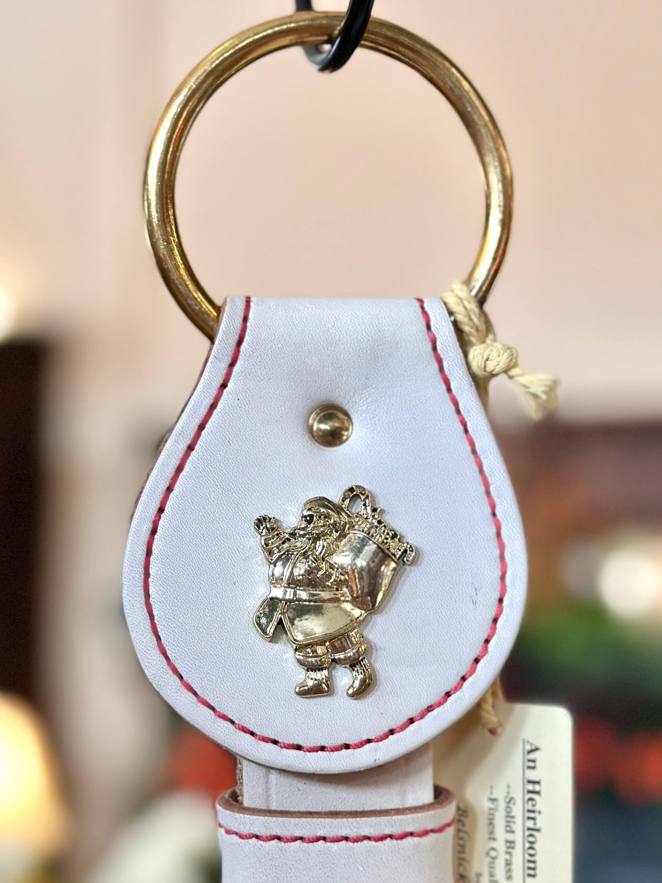 Santa Clause with 3 Brass Bells on Ring- White Leather