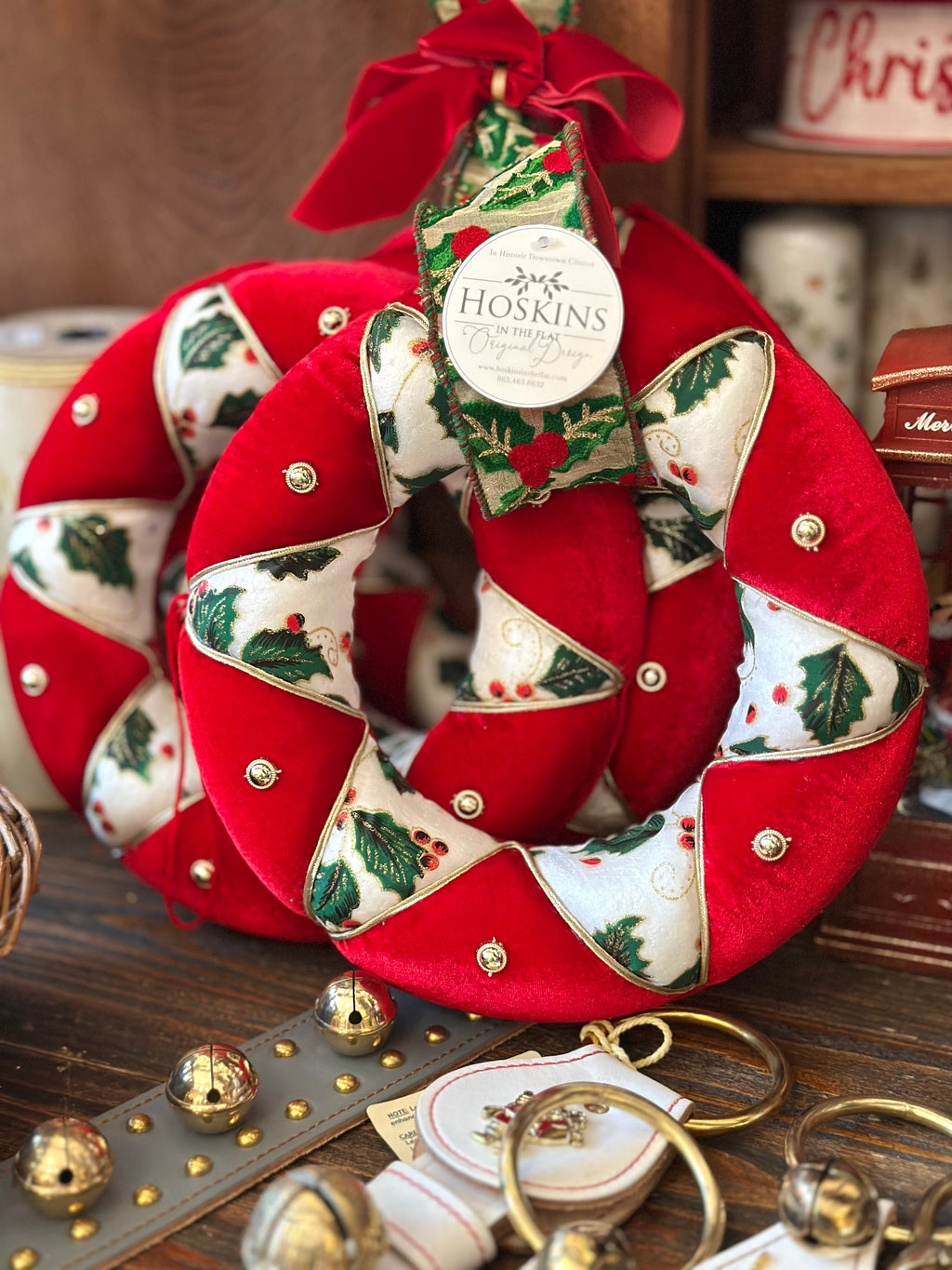 Vintage Red Holly Velour Wreath