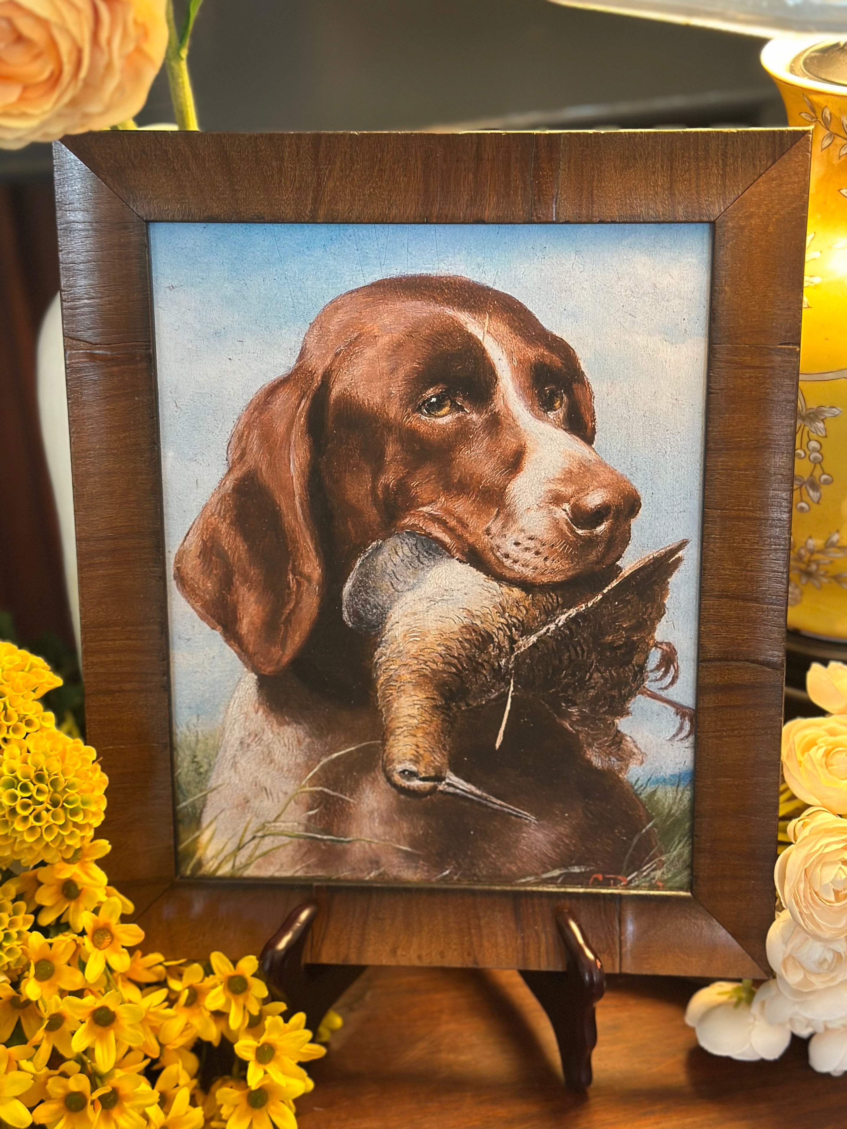 Framed Vintage Dog and Bird Oil Painting Reproduction