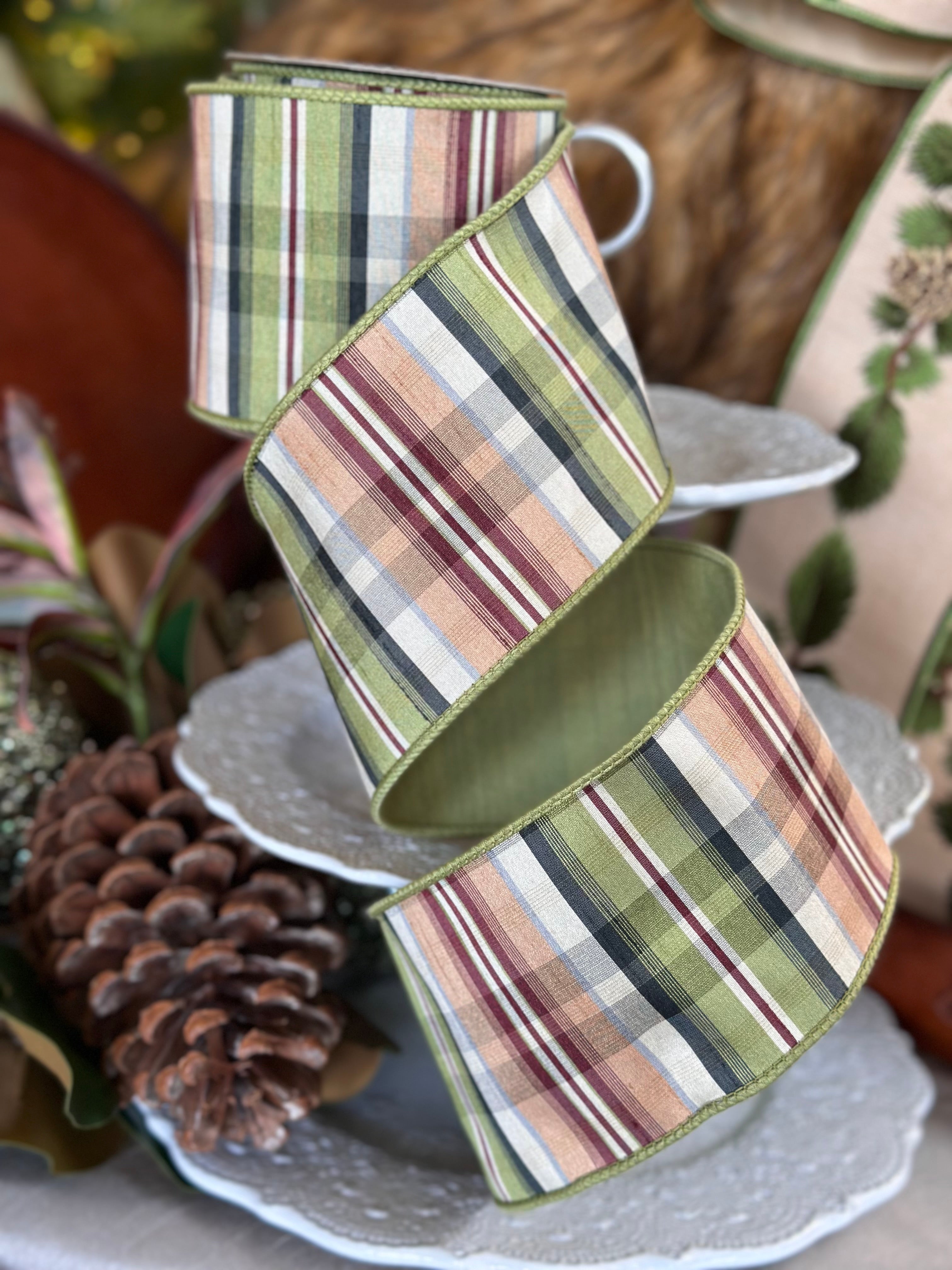 4" x 10yds dupion madras plaid, ivory green cranberry