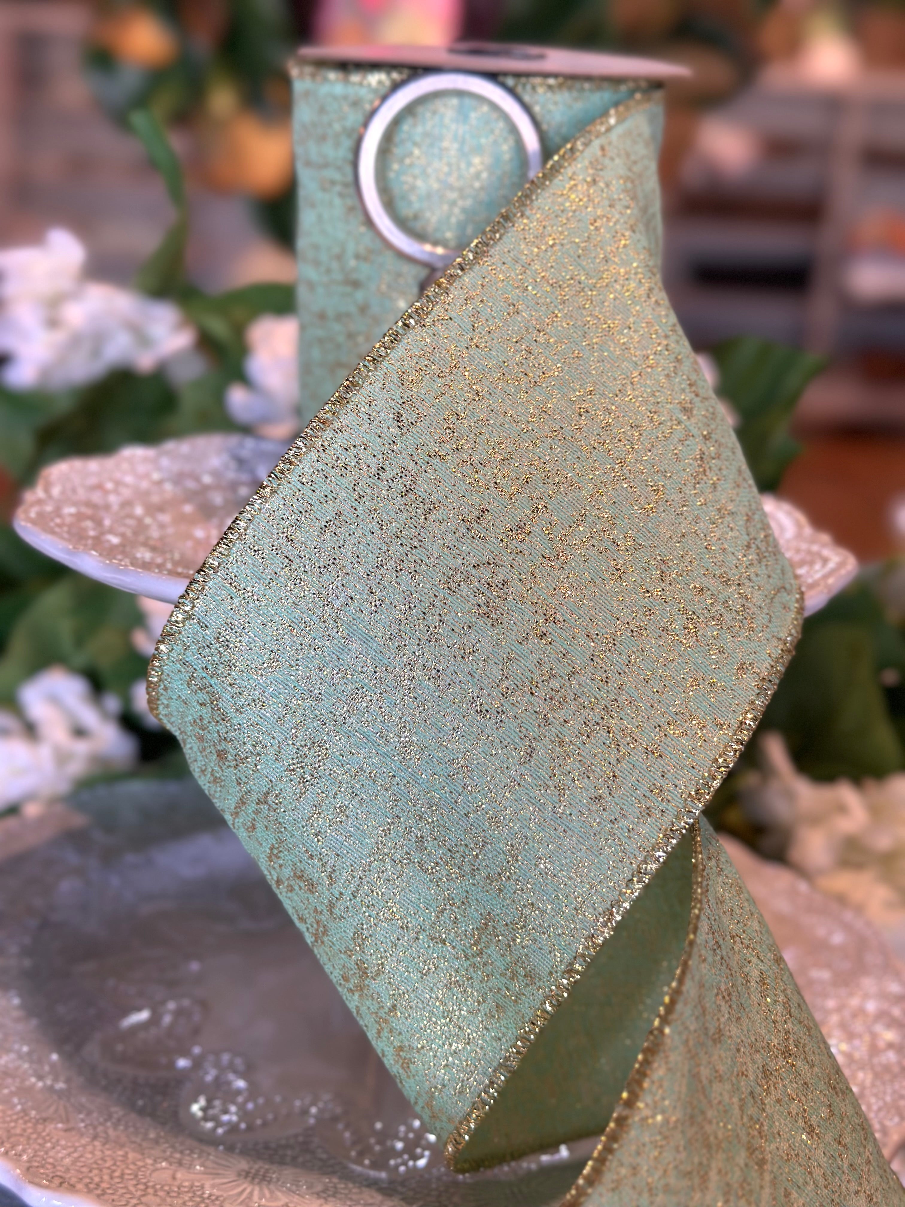 4" Wide, metallic jacquard, green gold
