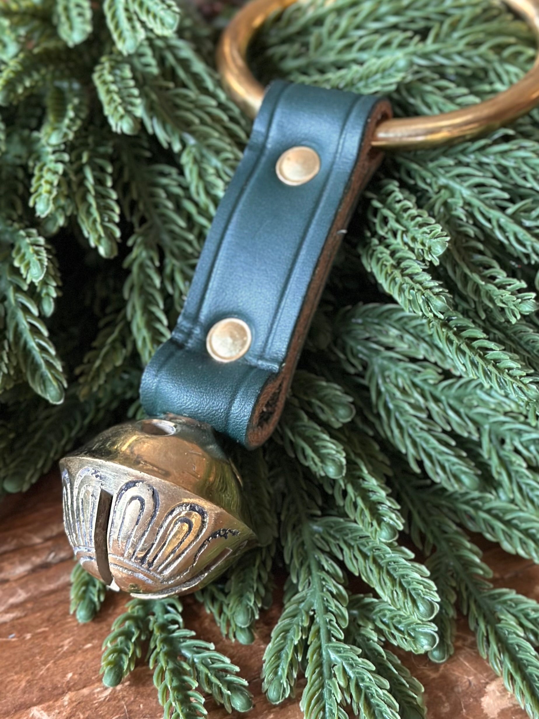 Brass Bell on Leather Strap with Ring- Forest Green Leather