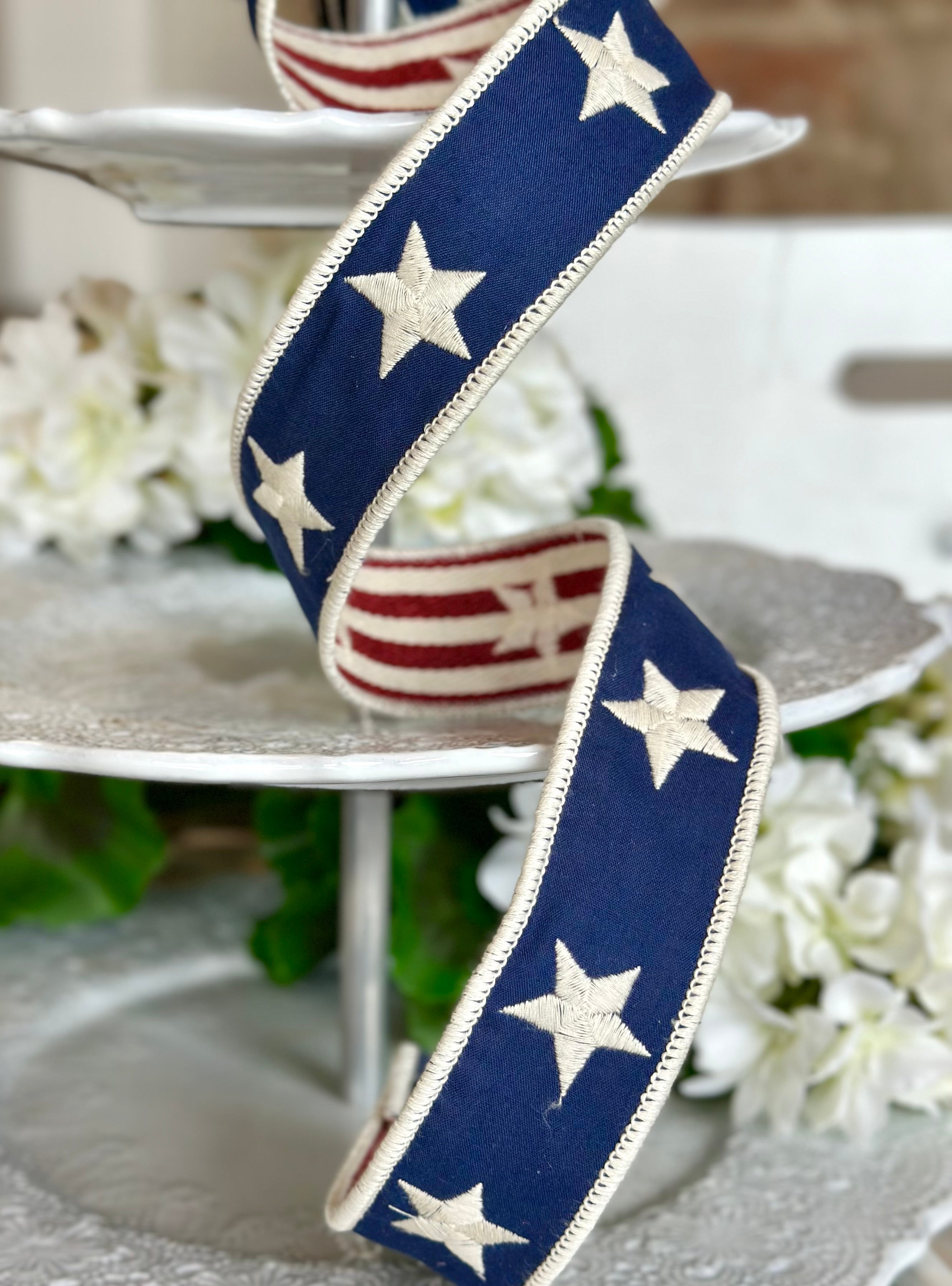 1.5" canvas double sided embroidery stars navy red stripe backing, red blue