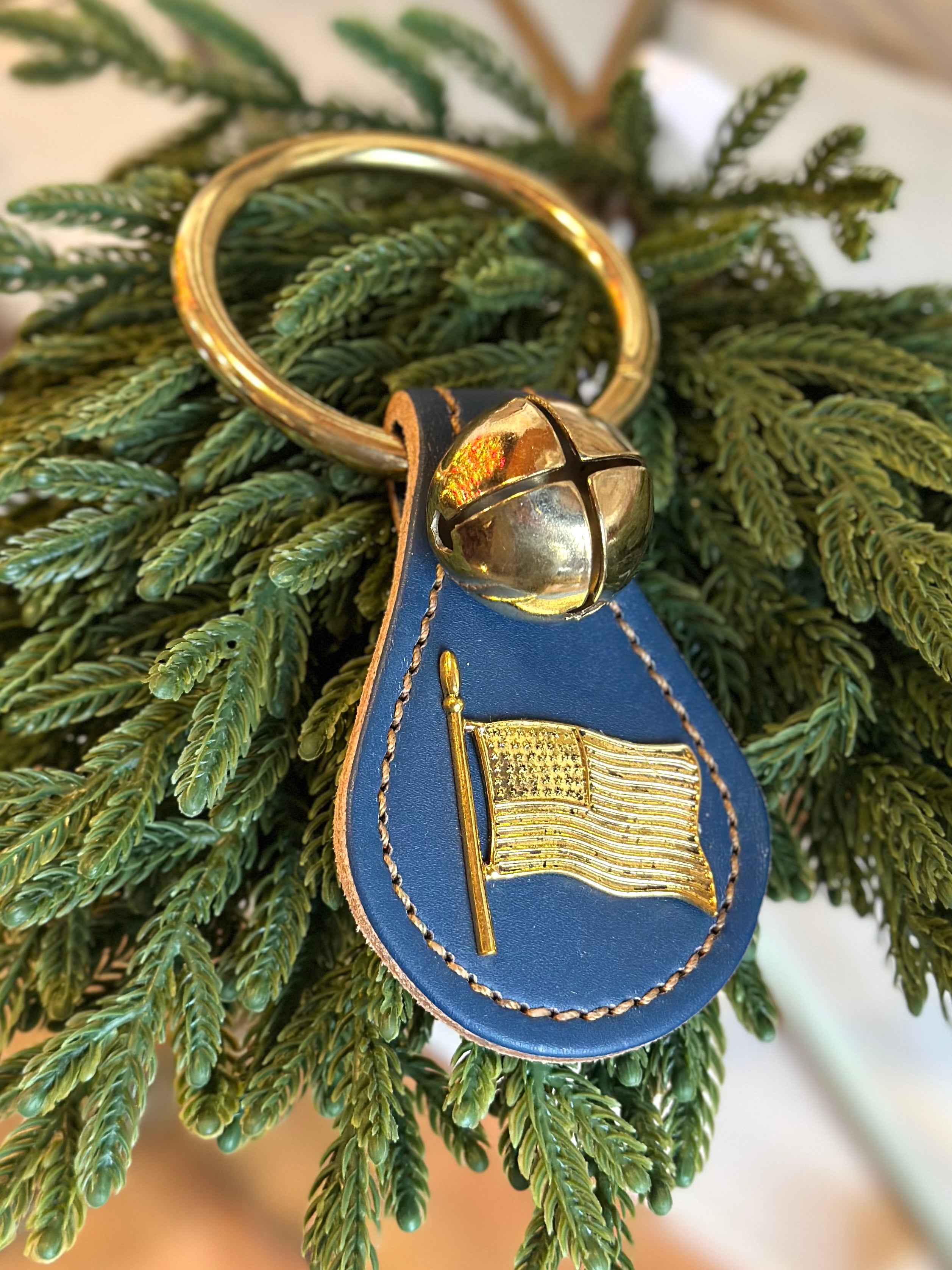 Flag with Single Brass Bell on Ring- Blue Leather