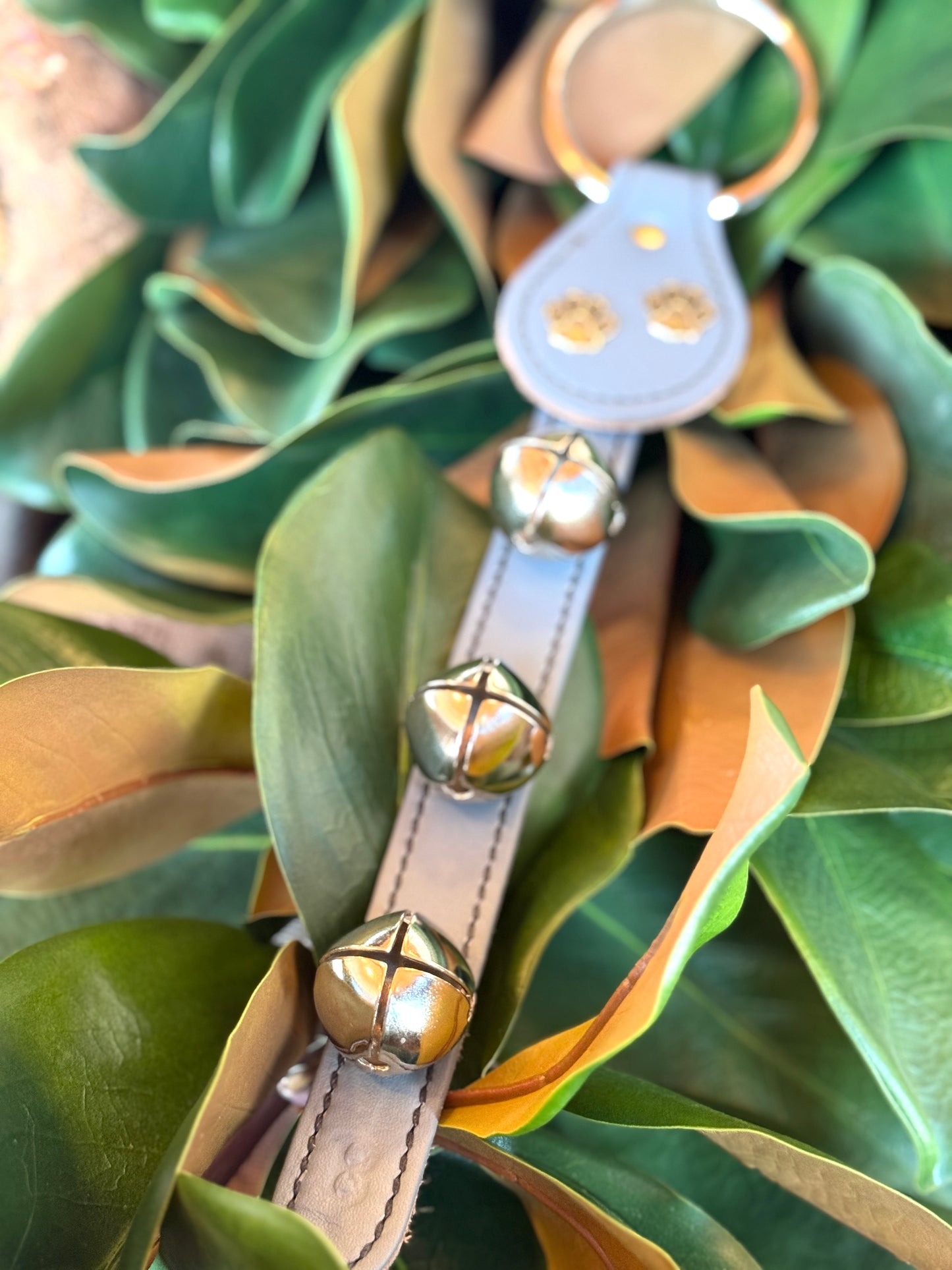 Belsnickel - 15” Paw Prints on Grey Leather Strap w/ 3 Nickel-Plated Bells