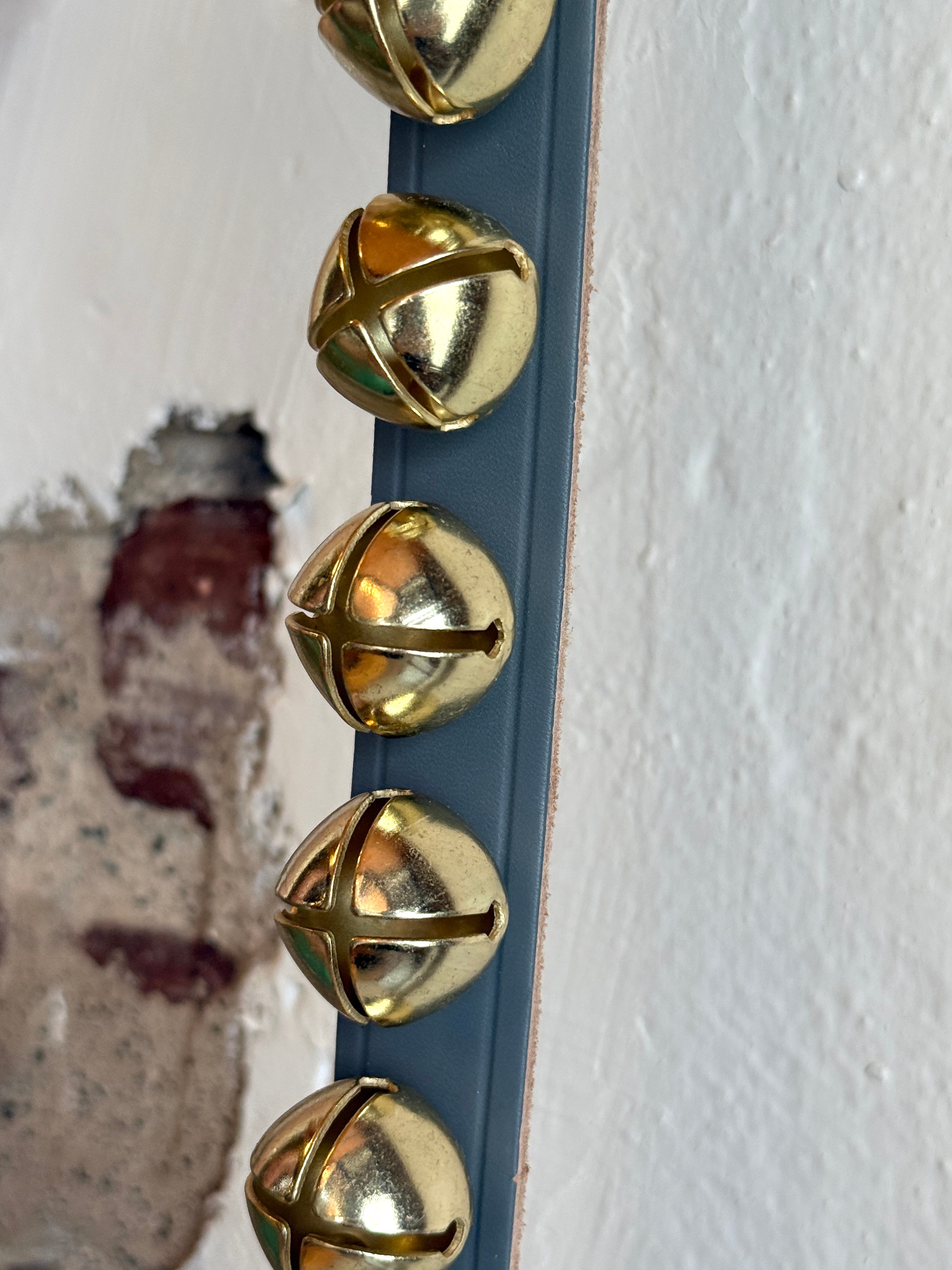 Belsnickel - 24” Narrow Brass-Plated Bells Strap, Grey Leather