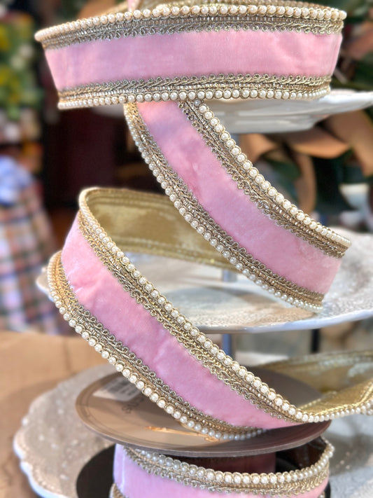 1.5" Wide, velvet white pearl trim, strawberry pink. 5 yard roll
