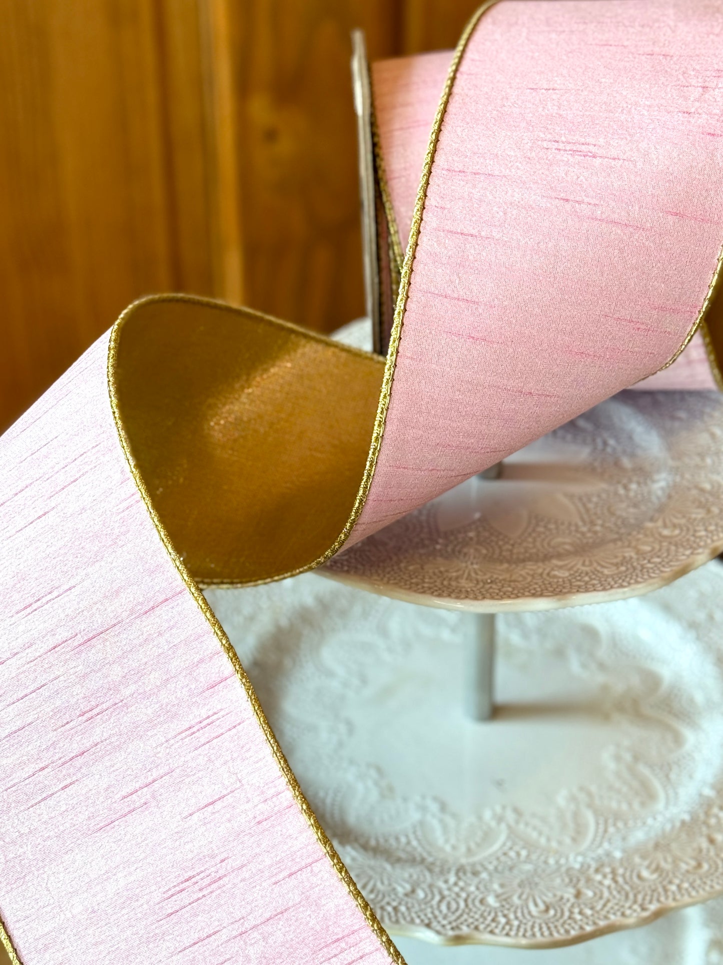 4" Wide, slub dupion metallic gold back, light pink.