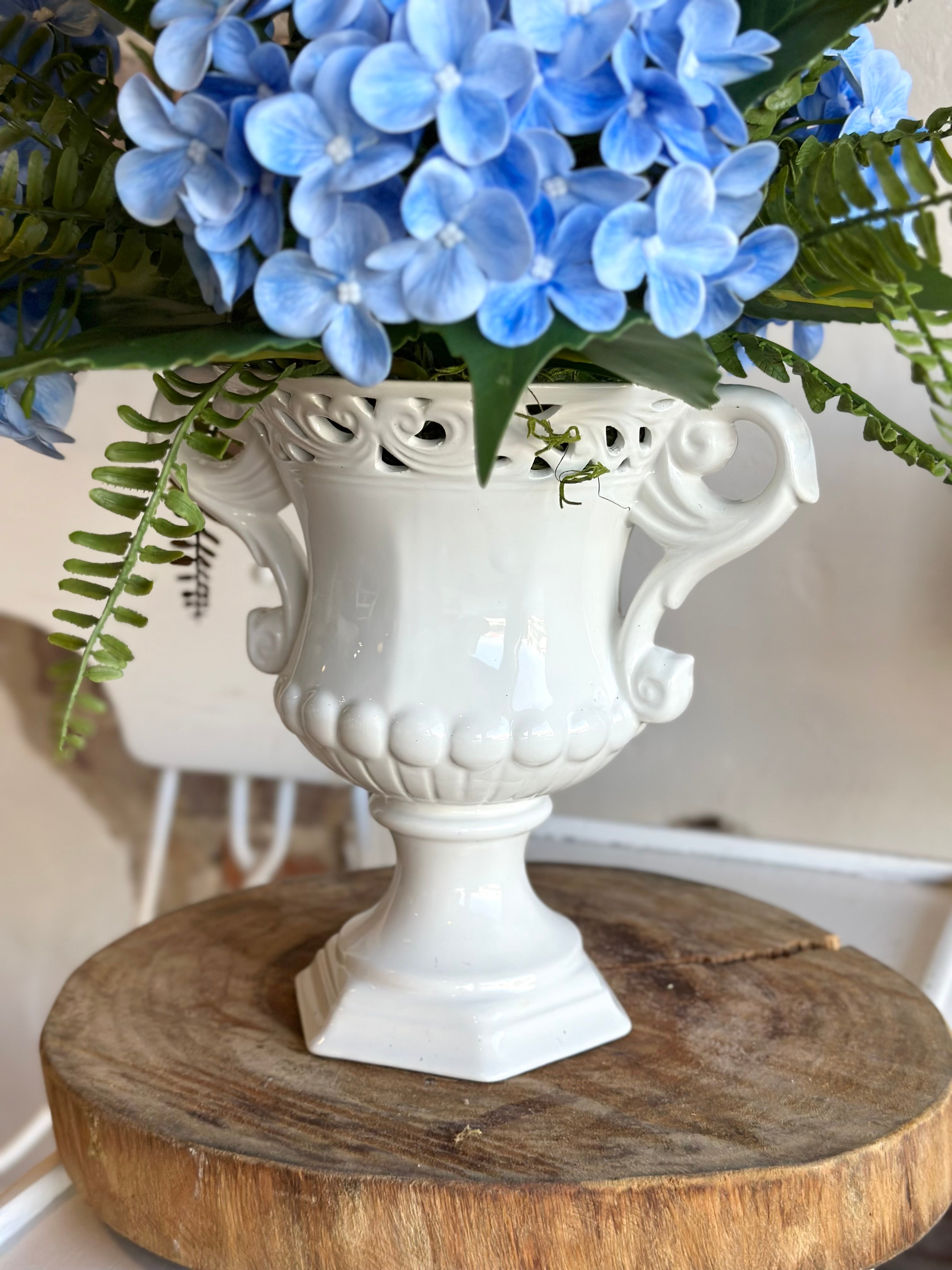 Blue Hydrangea Fern in White Handled Vase