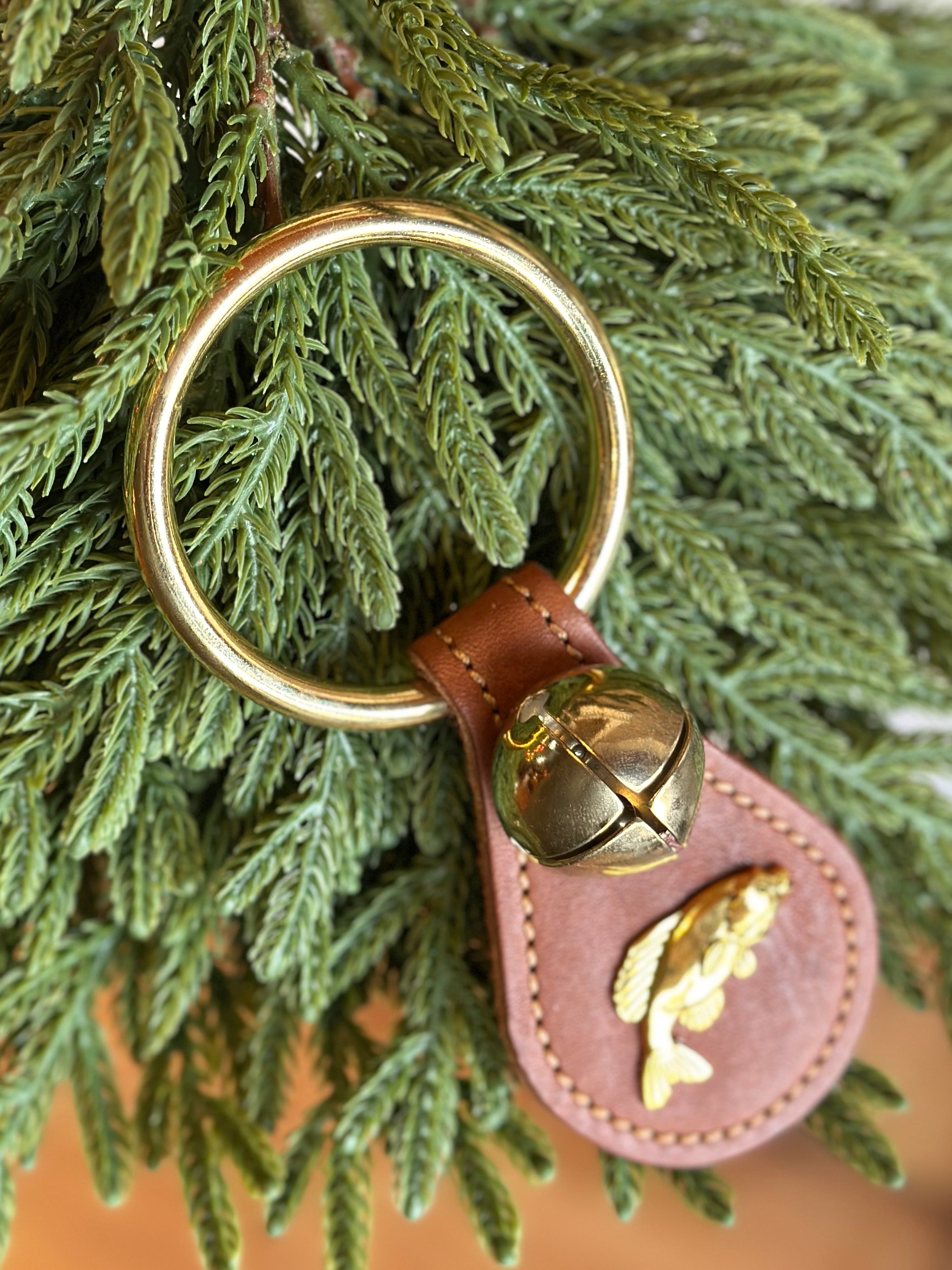 Bass Fish with Single Brass Bell on Ring- Brown Leather