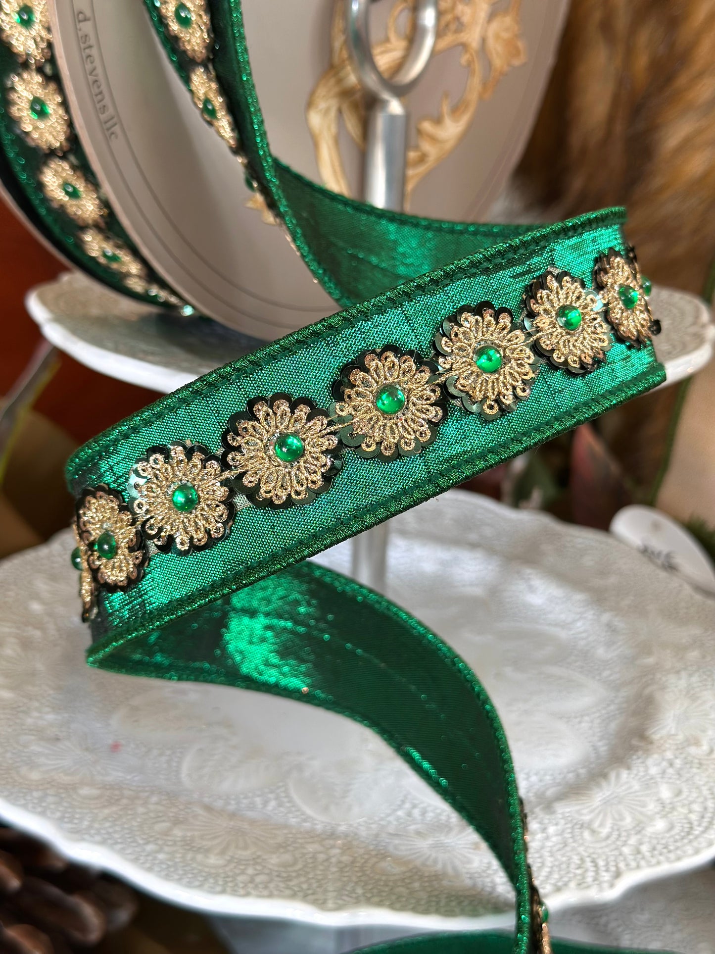 1.5" Metallic Dupion Gold Green Sequin Ribbon, Emerald Green