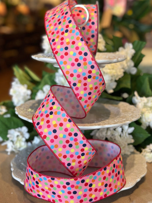 2.5" wide, Pink Playful Dot Ribbon with Red Edge