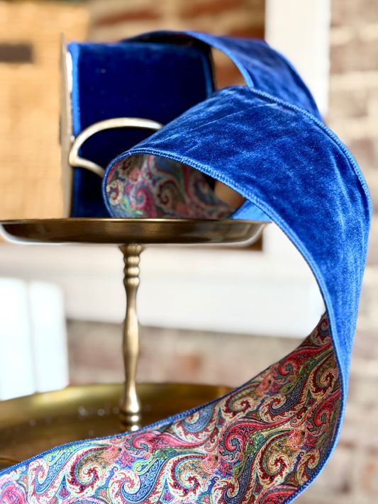 4” Velvet Colorful Art Swirl Backing, Royal Blue - SOLD BY THE YARD