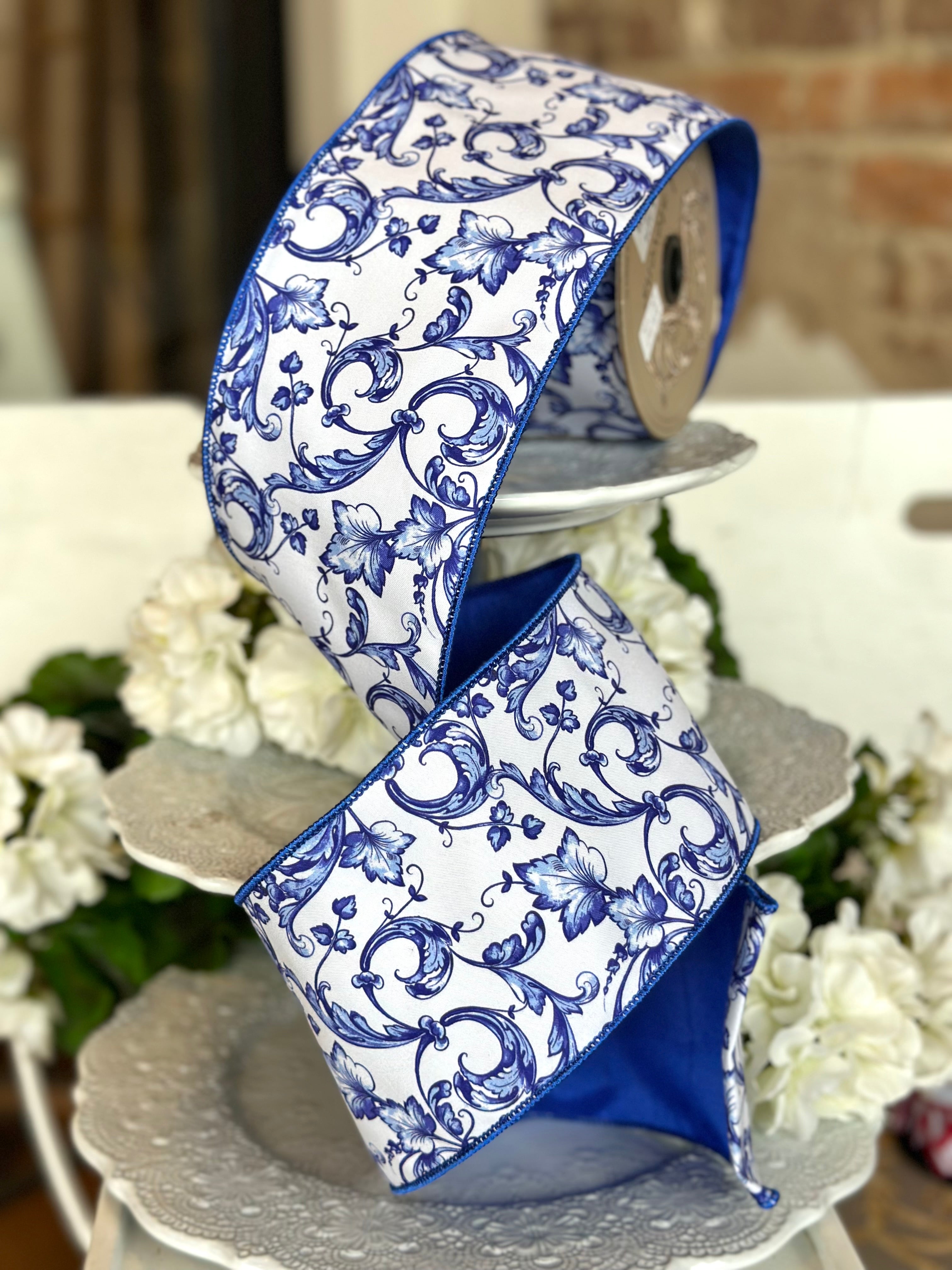 4" wide, taffeta acanthus scroll chinoiserie, blue white