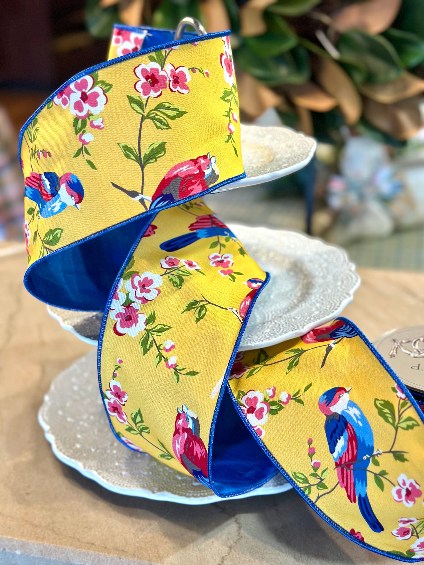 4" Wide, canvas blue birds cherry blossom, golden yellow pink blue