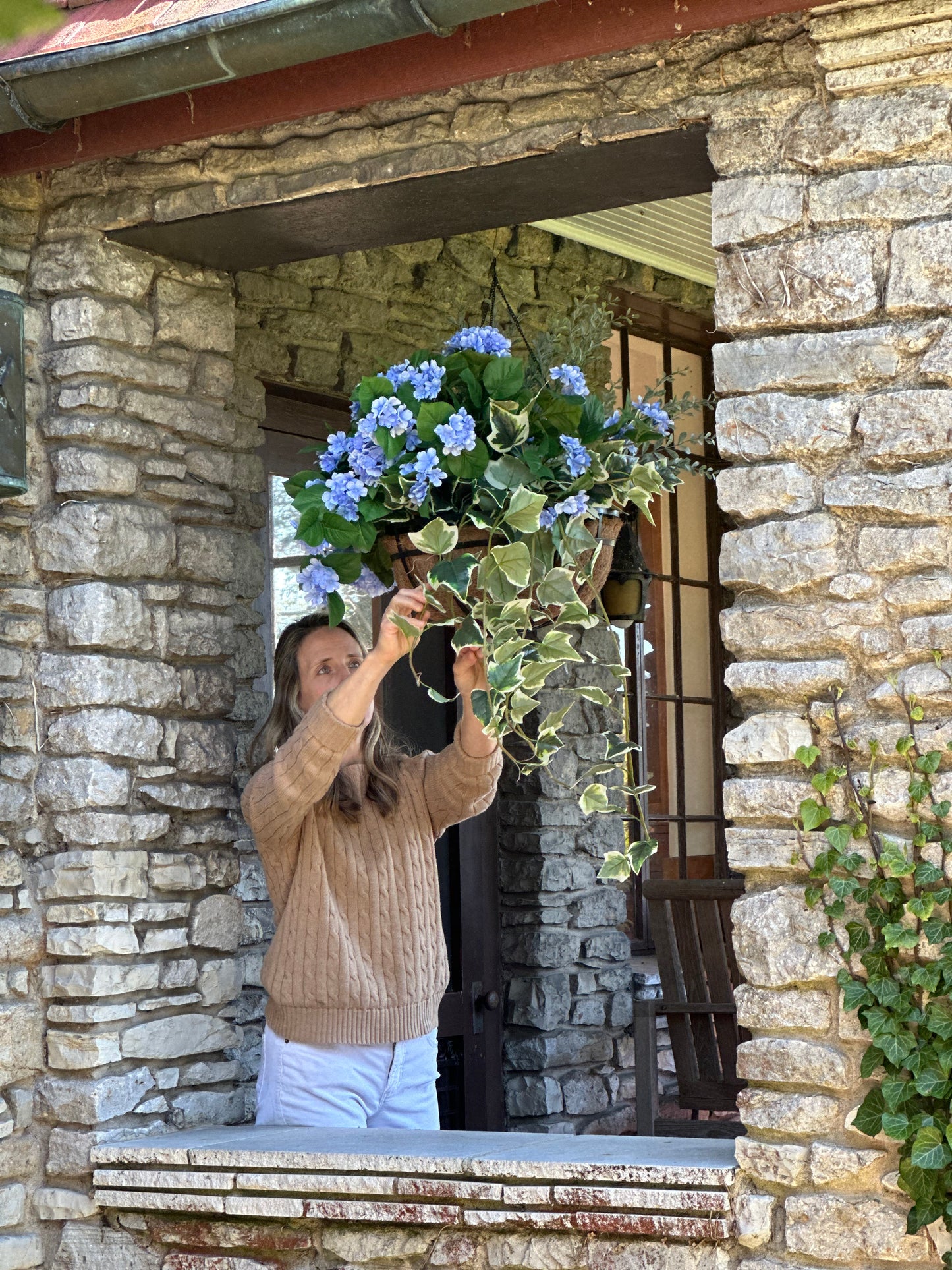 Blue Mini Hydrangea Blooms Hanging Basket