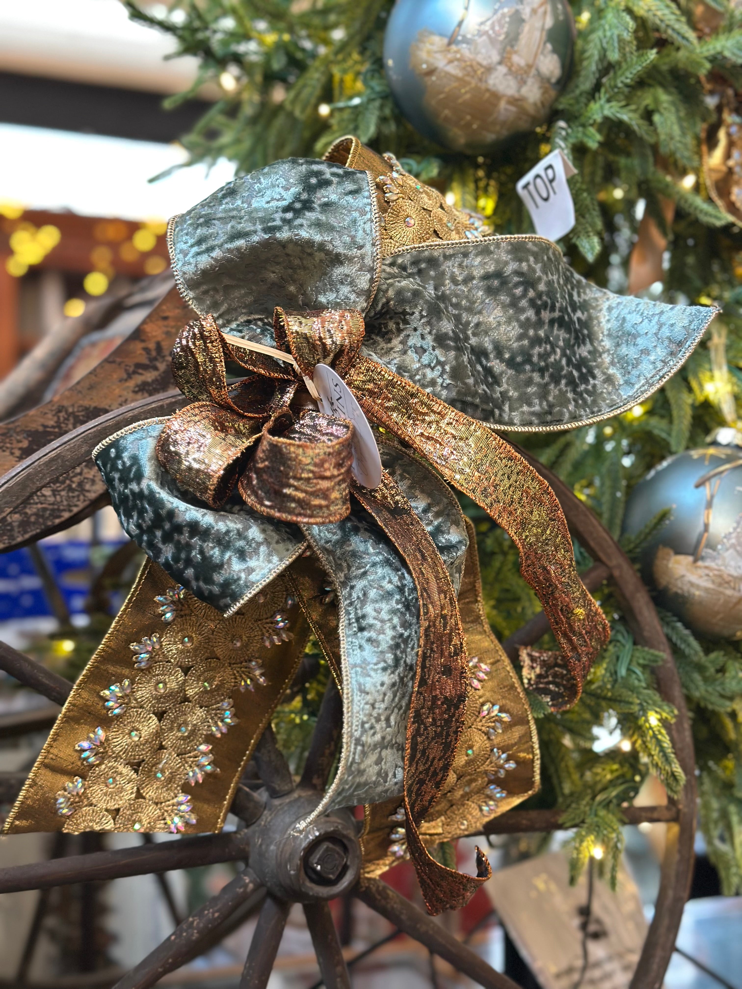 Gold Sequin & Celadon Blue Accent Tree Bow