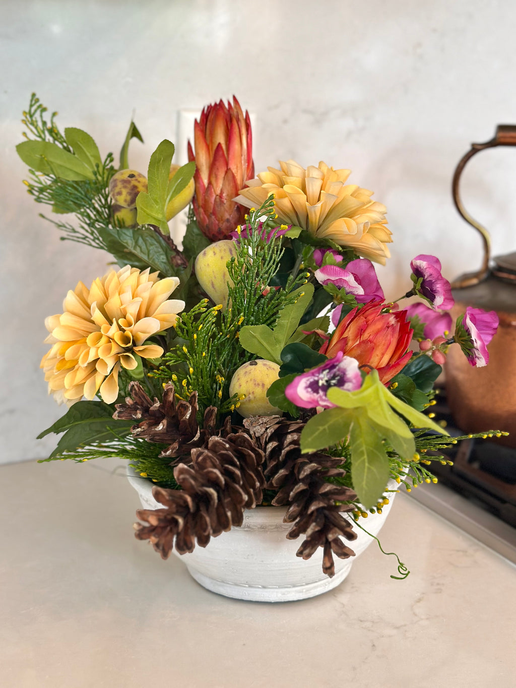 Dahlia, Repen, Pinecones, and Pear Arrangement