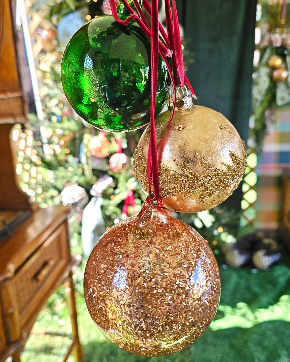 Glass Ornament Cluster with Velvet Ribbon