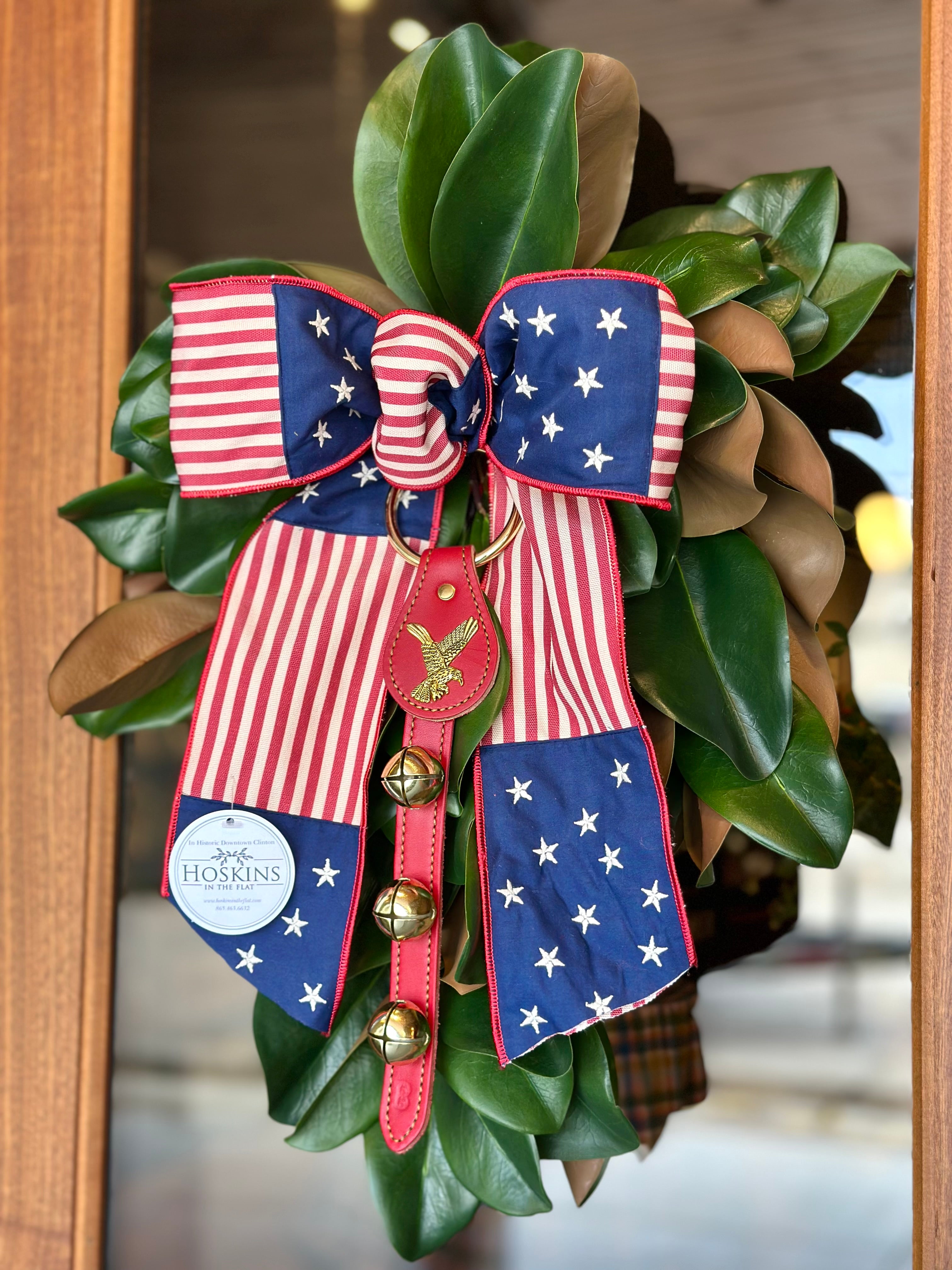 Stars & Stripes with Brass Bells Mini Magnolia Swag- Red