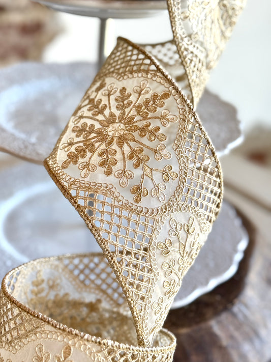 4” Champagne Antique Snowflake Ribbon