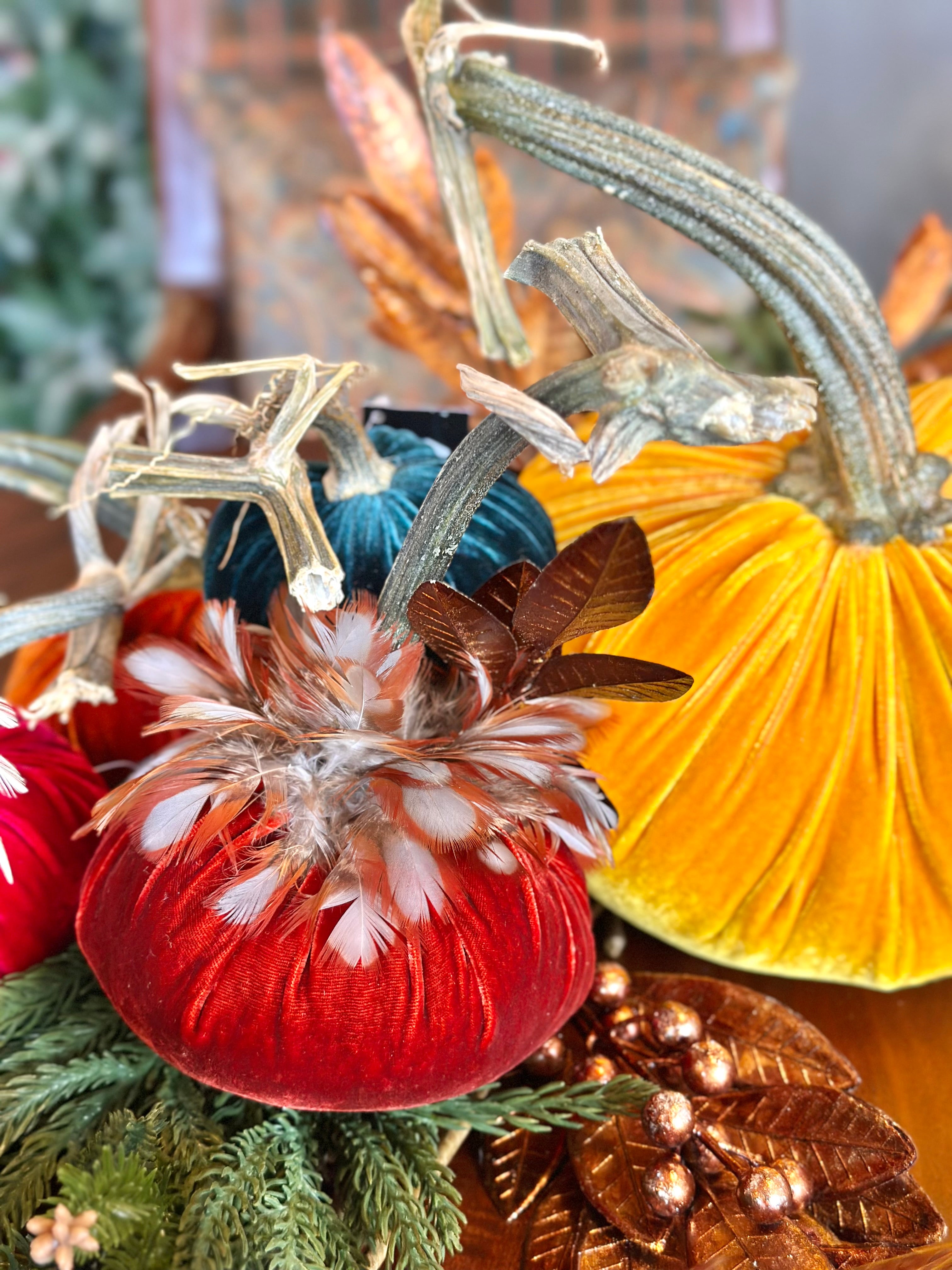 5” Silk Velvet Hot Skwash Pumpkin with Feather Collar