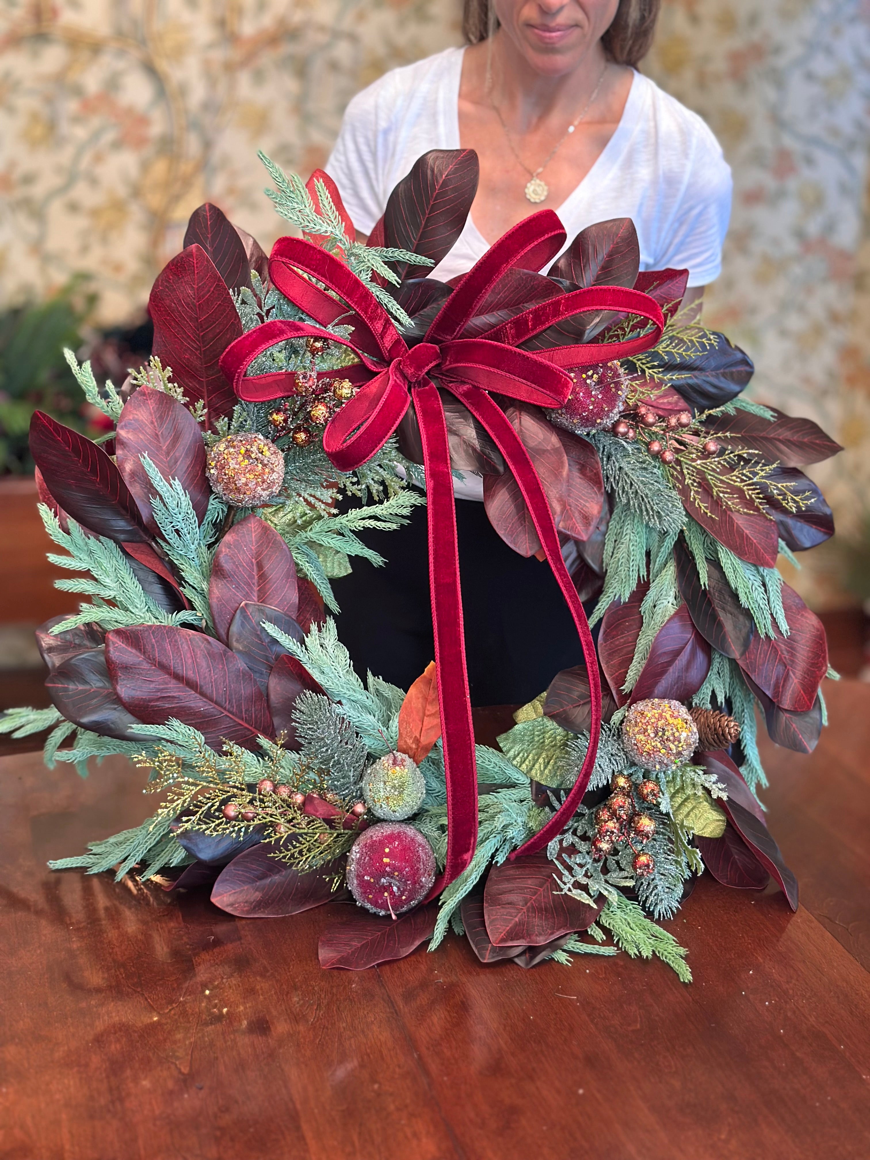 Burgundy Magnolia Norfolk Pine Wreath