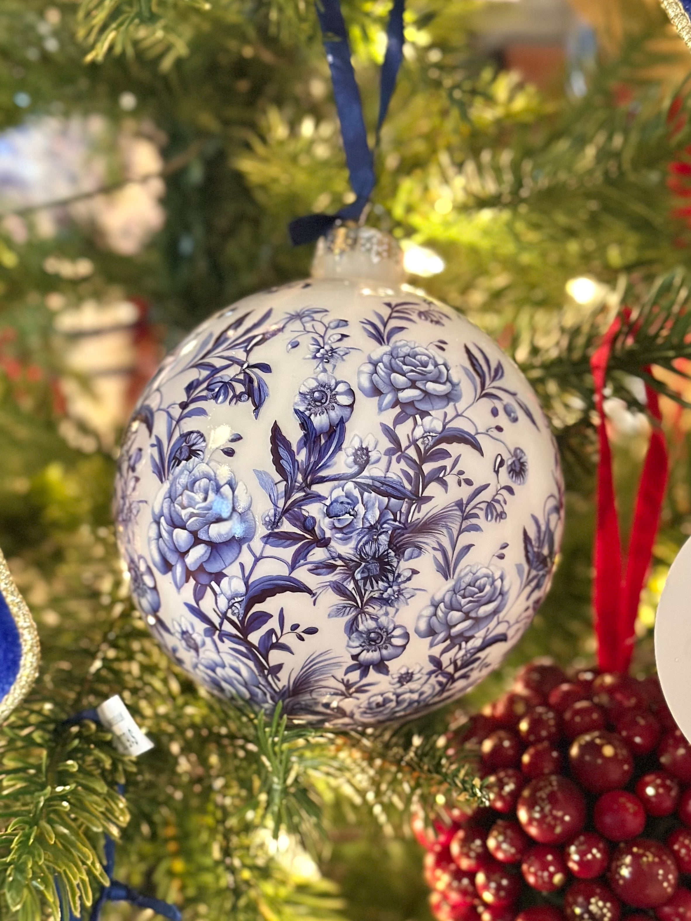 4" GLASS FLORAL PRINT BALL ORNAMENT
