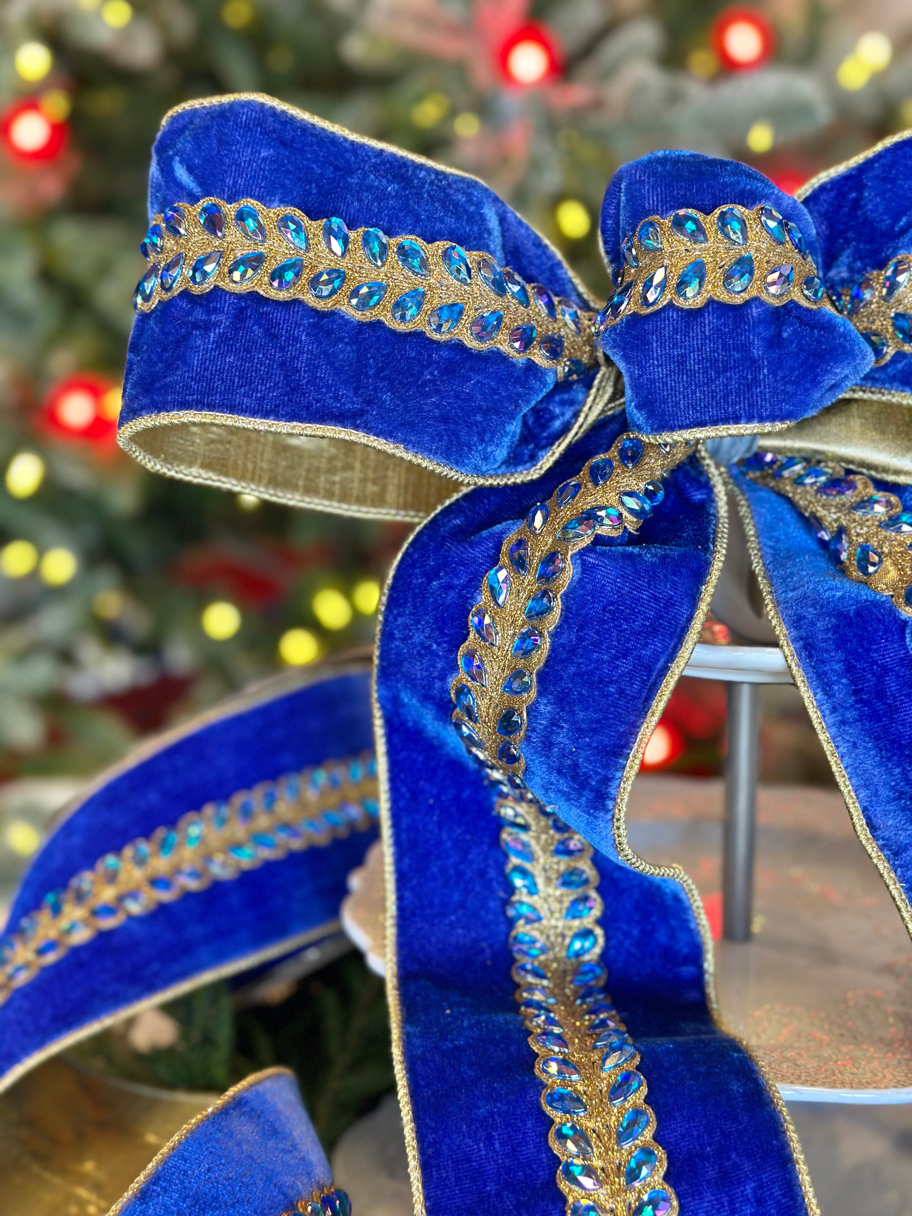 Blue Crushed Velvet Bow with Gold and Beaded Accents