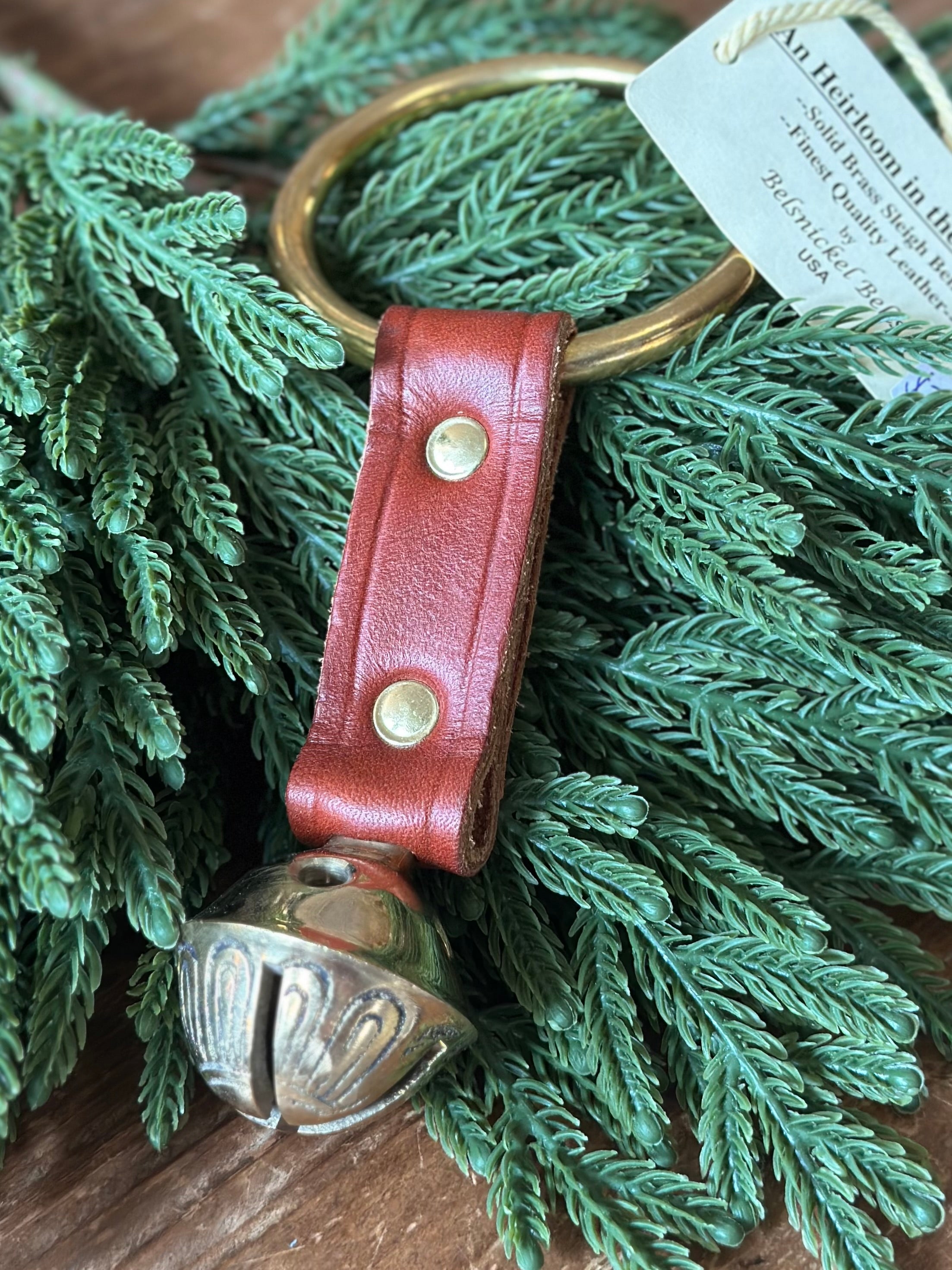 Brass Bell on Leather Strap with Ring- Brown Leather