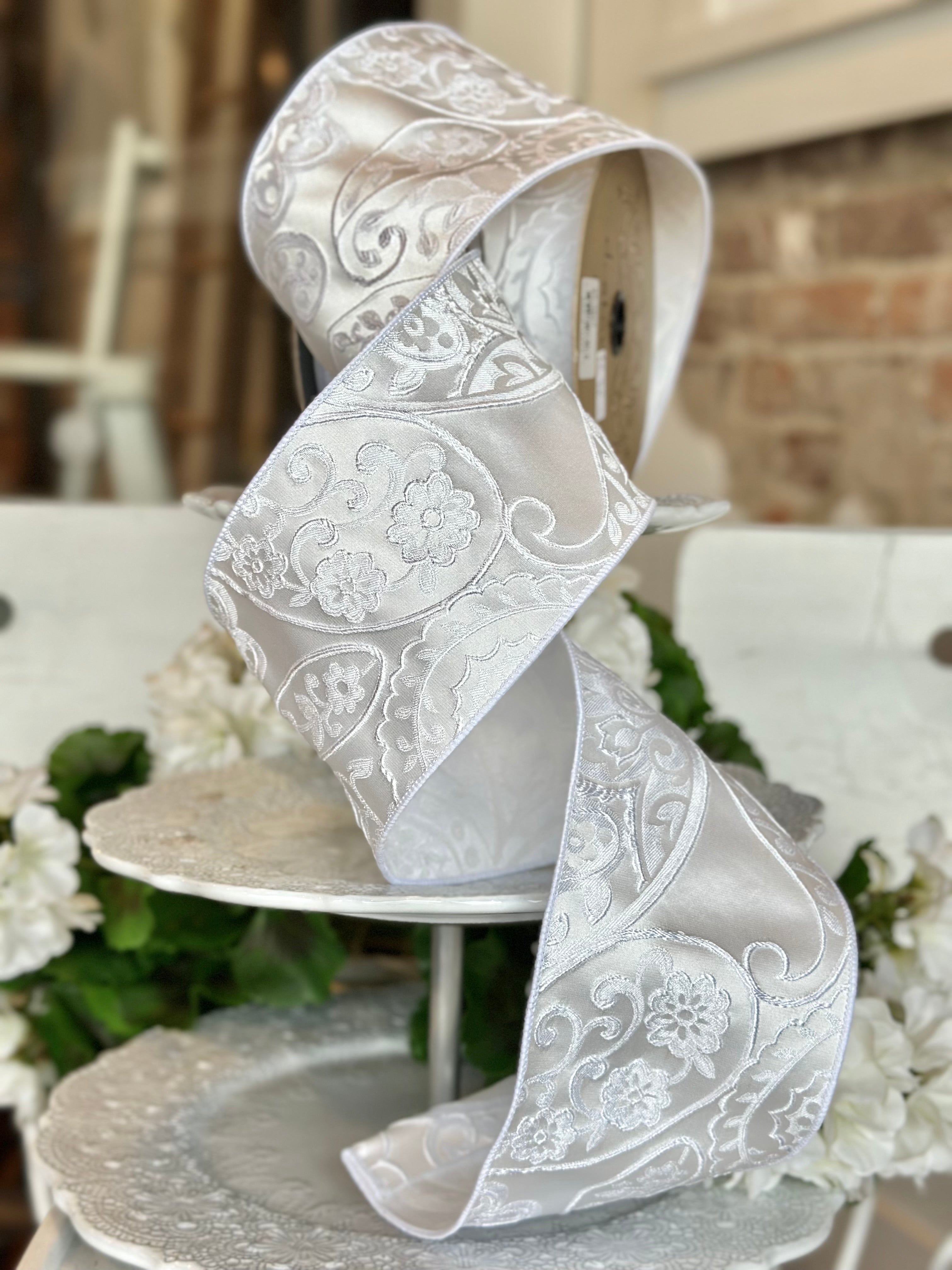 4" wide, satin brocade floral, white