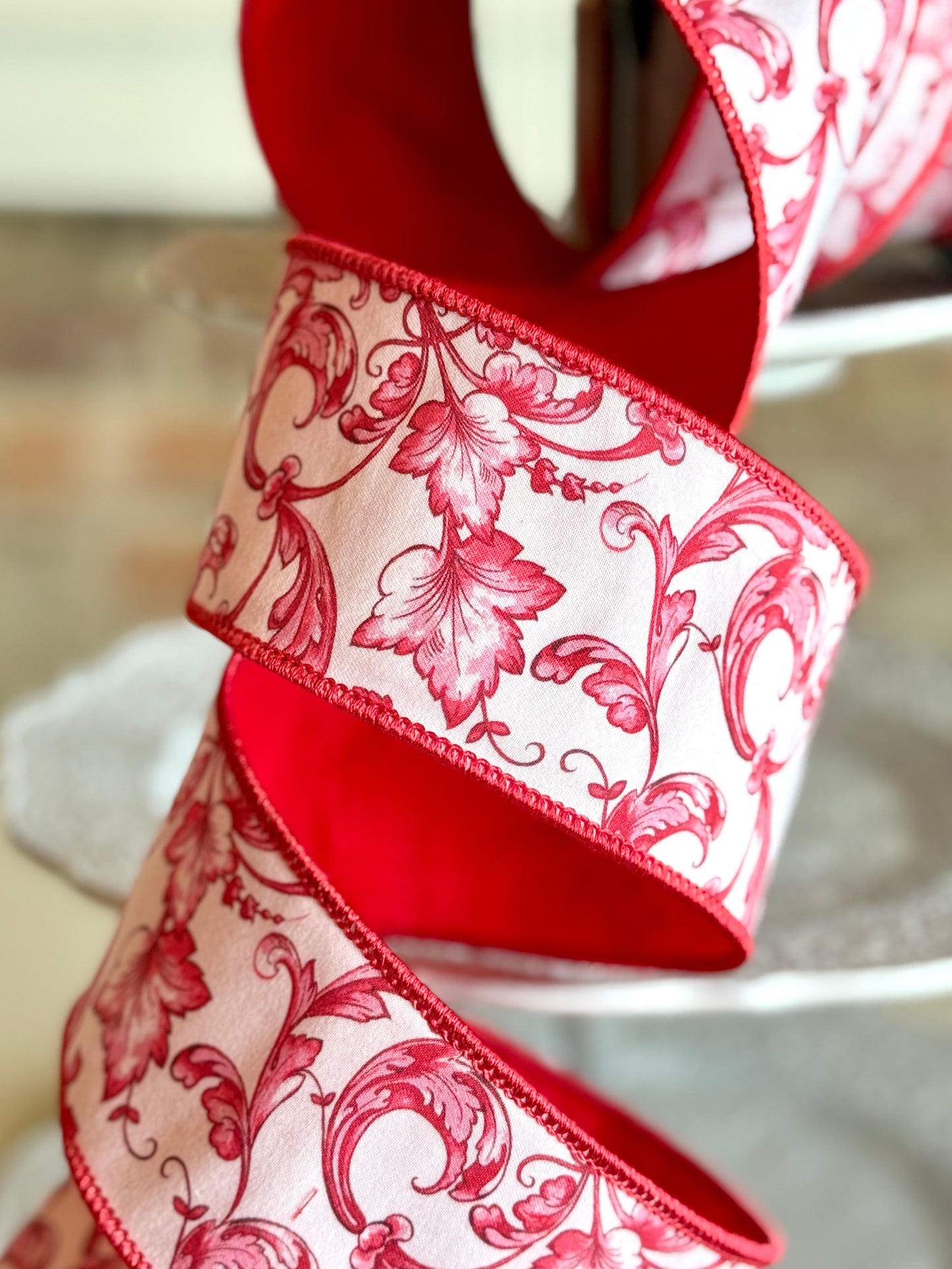 2.5" Taffeta Acanthus Scroll Chinoiserie, Red White
