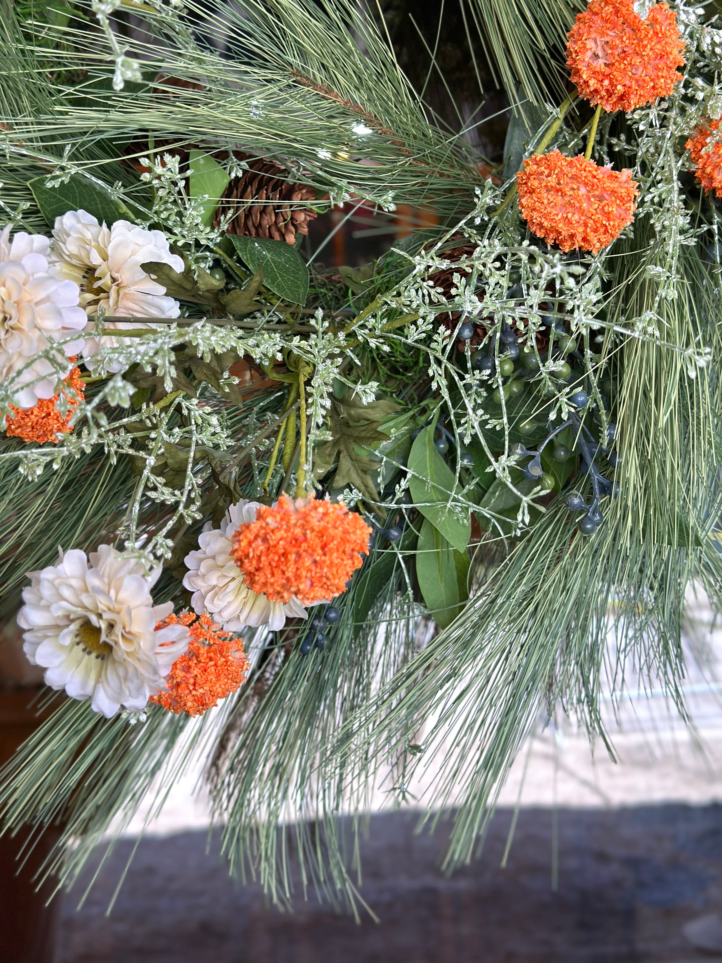 Zinnias and Orange Puffs Wreath