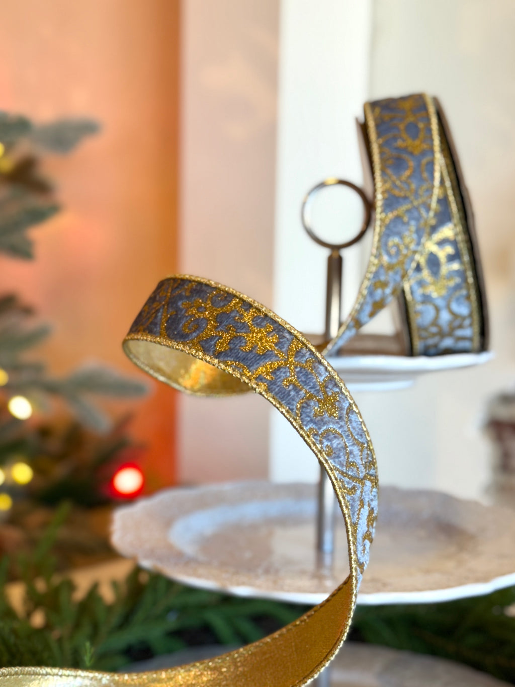 1.5" Velvet Glitter Treillage, Dusty Blue